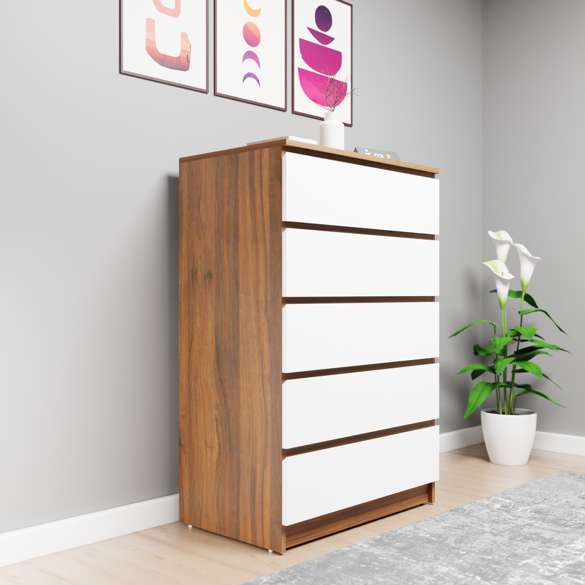 PARA | Chest of 5 Drawer, Brussel Walnut, Frosty white | Suede Finish Drawer Units VIKI FURNITURE Brussel Walnut & Frosty White  