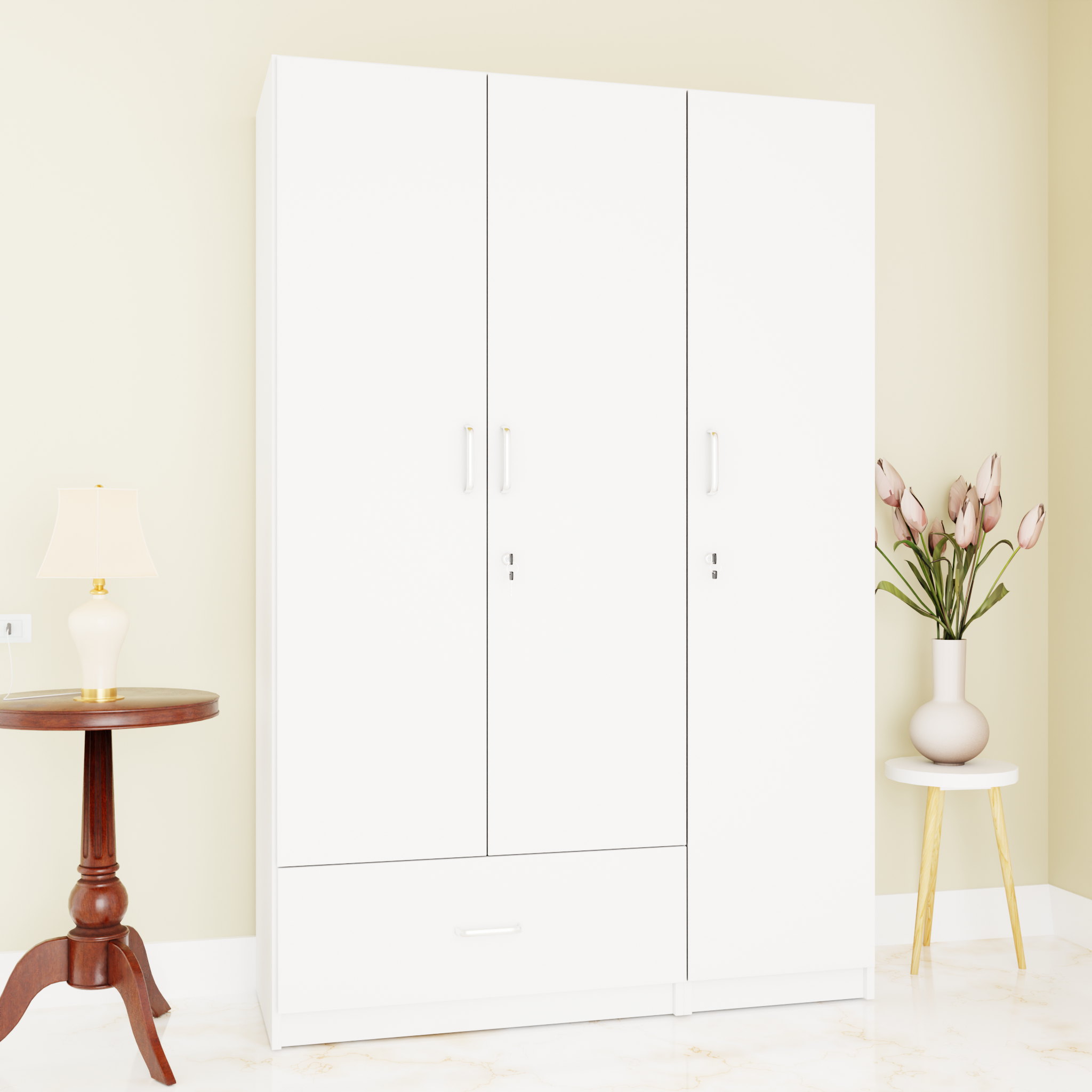 VIKI | Almirah for 3 Door Wardrobe with 1 Drawer & Hanging Space( 40D x 120W x 180.8H) Wardrobes VIKI FURNITURE White
