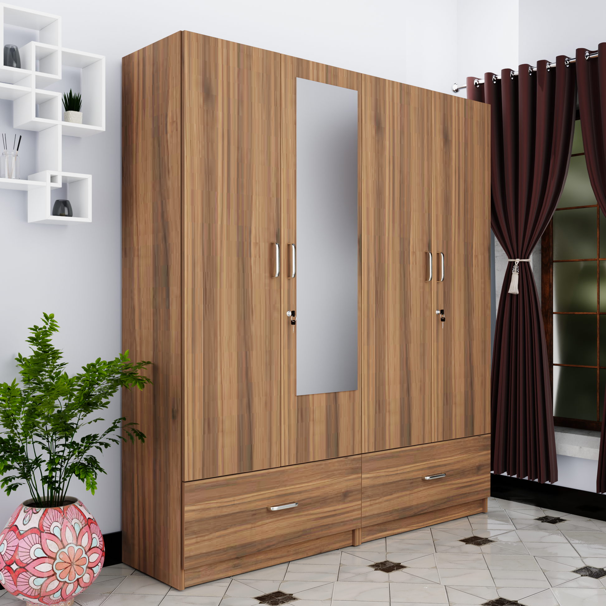 VIKI | Almirah for 4 Door Wardrobe with 2 Split Drawer & Hanging Space with Mirror (40D x 160W x 180.8H) Wardrobes VIKI FURNITURE