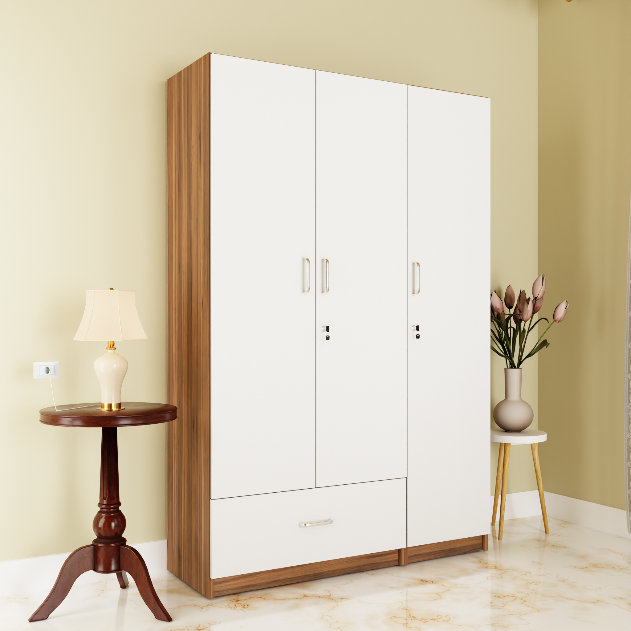 VIKI | Almirah for 3 Door Wardrobe with 1 Drawer & Hanging Space( 40D x 120W x 180.8H) Wardrobes VIKI FURNITURE White & Walnut