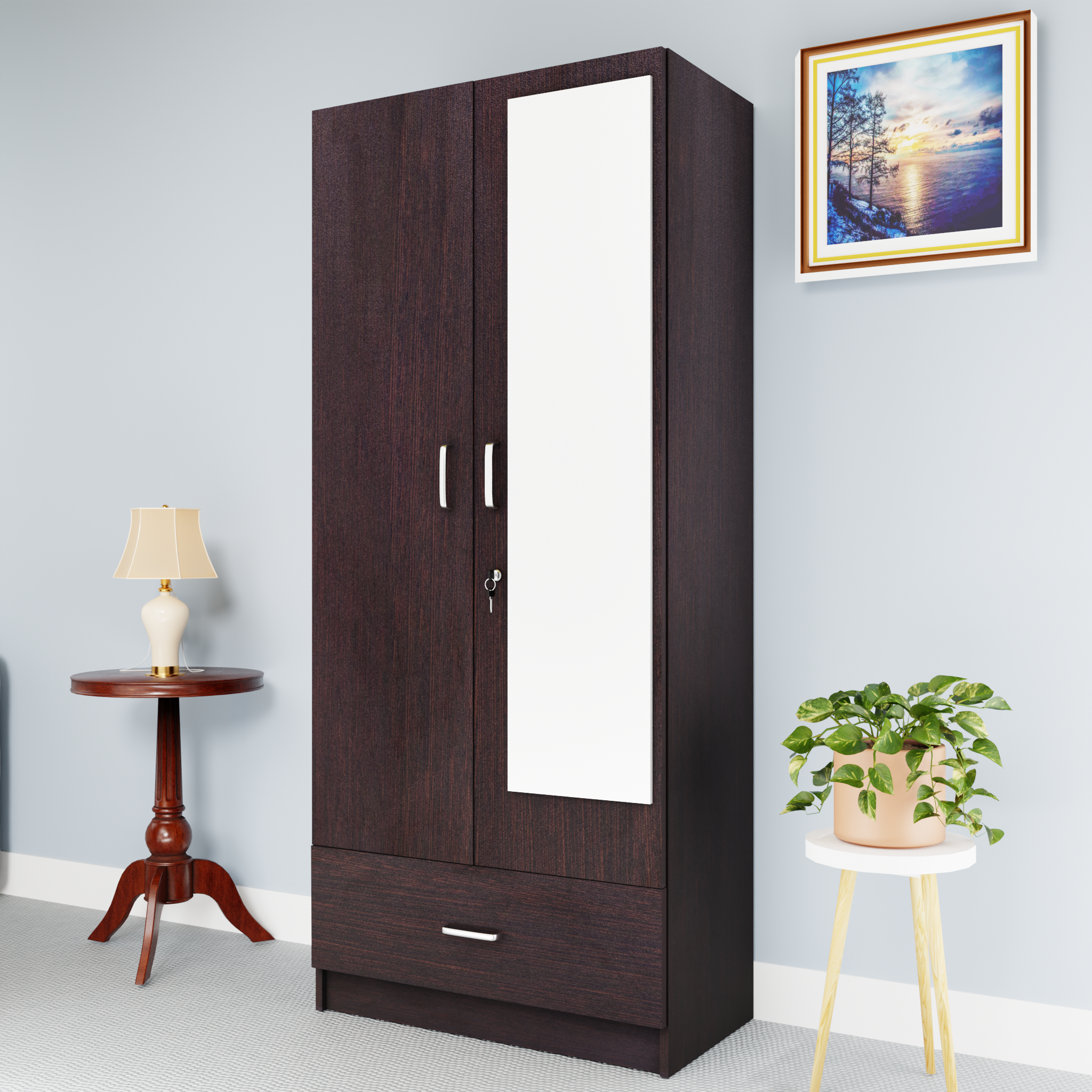 VIKI | Almirah for 2 Door Wardrobe with 1 Drawer & Hanging Space with Mirror( 40D x 80W x 180.8H) Wardrobes VIKI FURNITURE Wenge