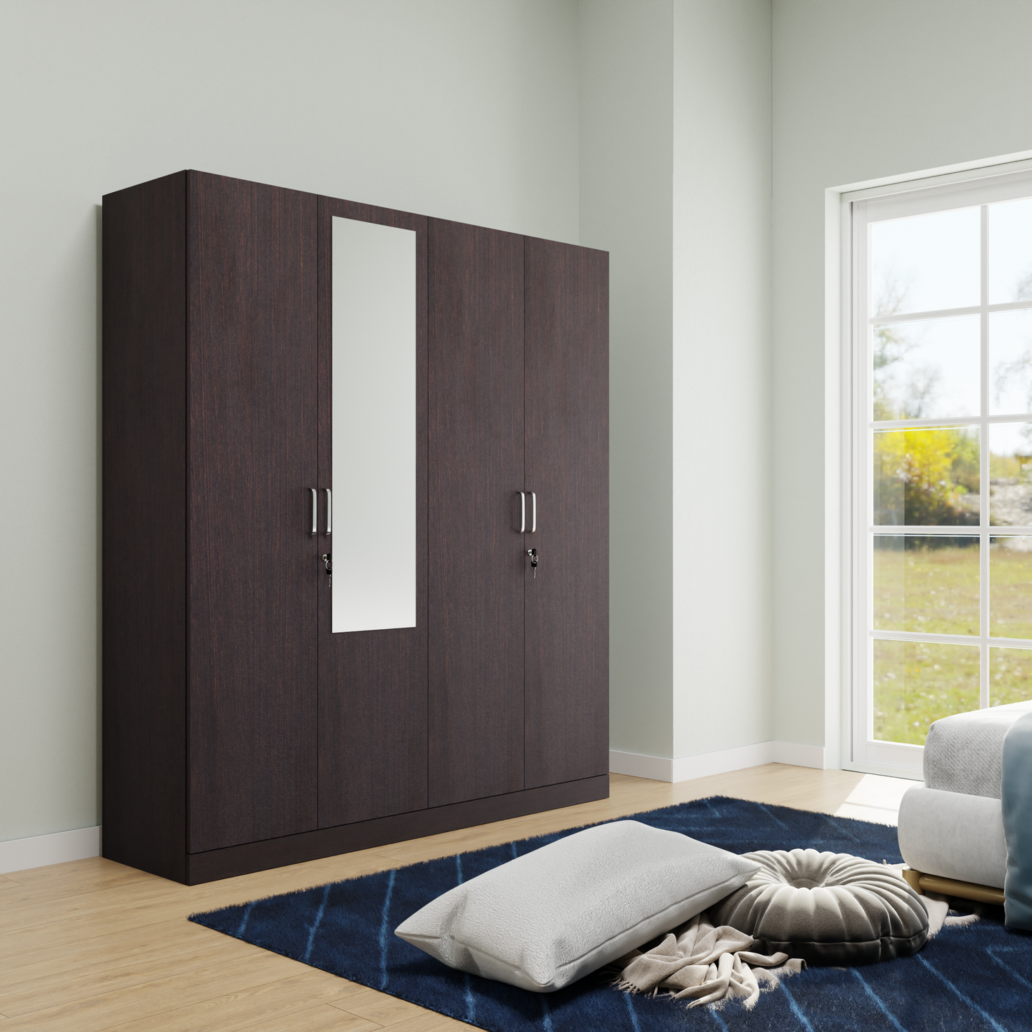 AVIRA |Wardrobe with Mirror, Hinged | 4 Door, 2 Inside Drawer Wardrobes VIKI FURNITURE Dark Wenge  