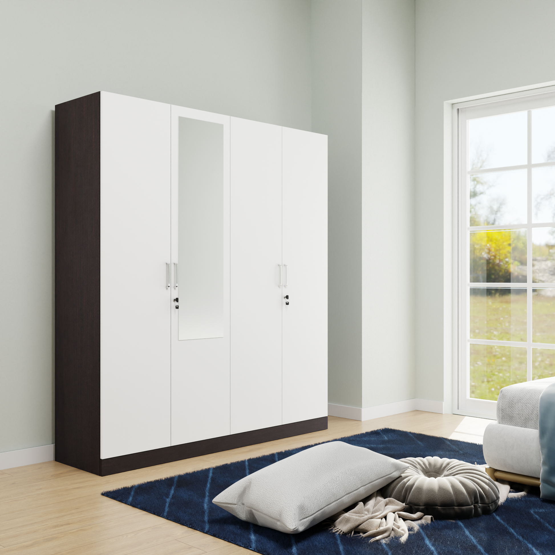 AVIRA |Wardrobe with Mirror, Hinged | 4 Door, 2 Inside Drawer Wardrobes VIKI FURNITURE Dark Wenge with Frosty White  