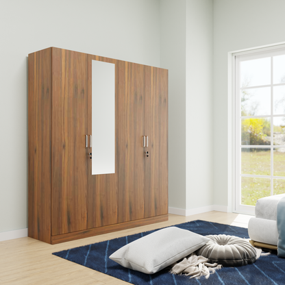 AVIRA |Wardrobe with Mirror, Hinged | 4 Door, 2 Inside Drawer Wardrobes VIKI FURNITURE Brussel Walnut  