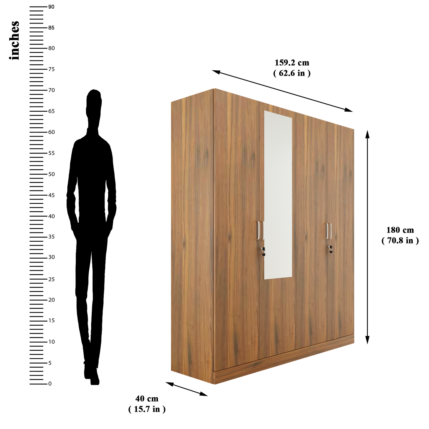 AVIRA |Wardrobe with Mirror, Hinged | 4 Door, 2 Inside Drawer Wardrobes VIKI FURNITURE   