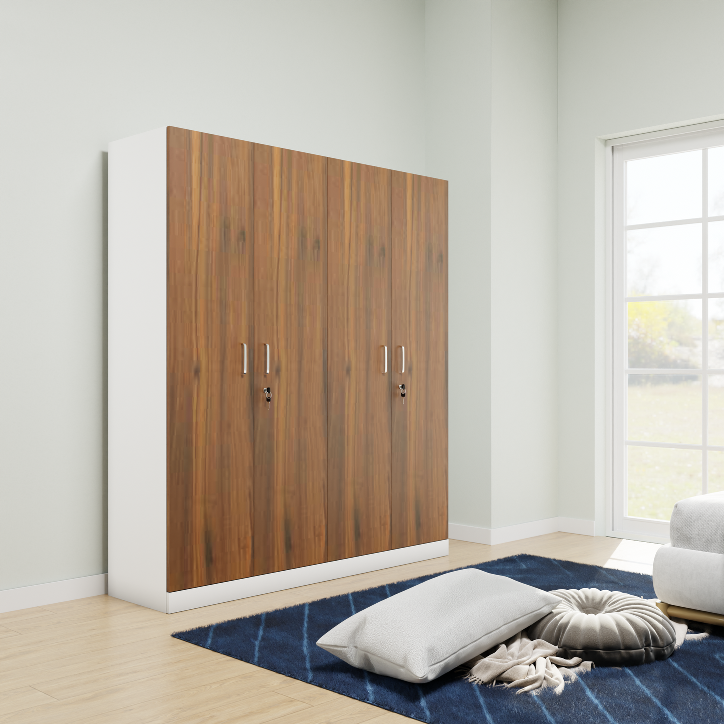 AVIRA |Wardrobe, Hinged | 4 Door, 2 Inside Drawer Wardrobes VIKI FURNITURE Frosty White with Brussel Walnut  