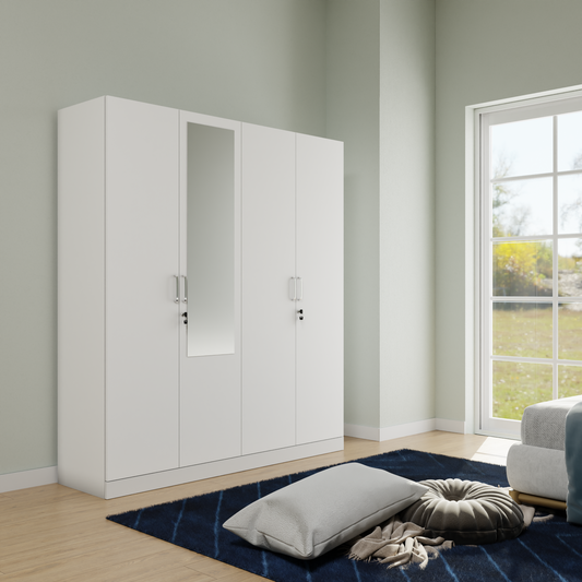 AVIRA |Wardrobe with Mirror, Hinged | 4 Door, Shelf, Hanging Space Wardrobes VIKI FURNITURE Frosty White  