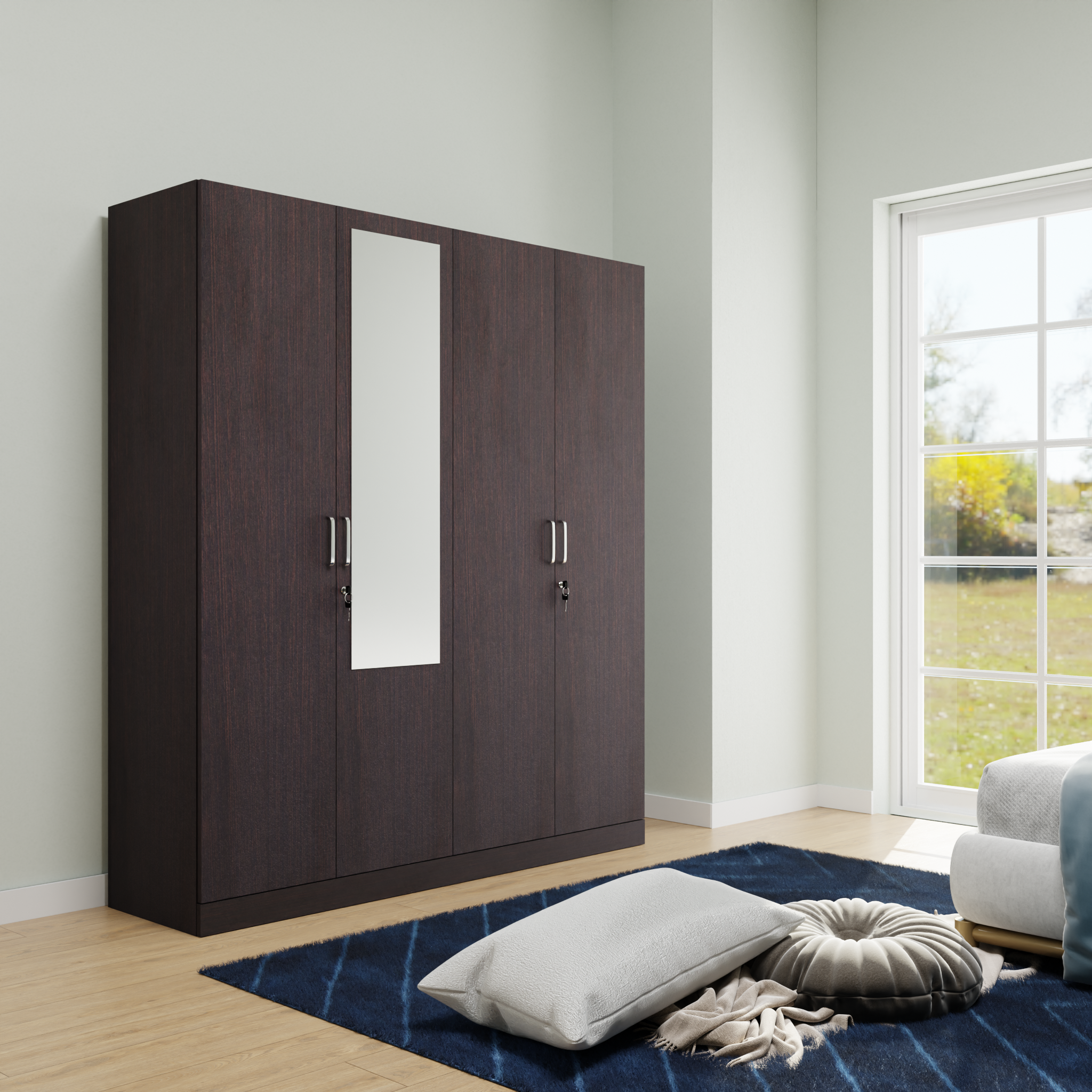 AVIRA |Wardrobe with Mirror, Hinged | 4 Door, Shelf, Hanging Space Wardrobes VIKI FURNITURE Wenge