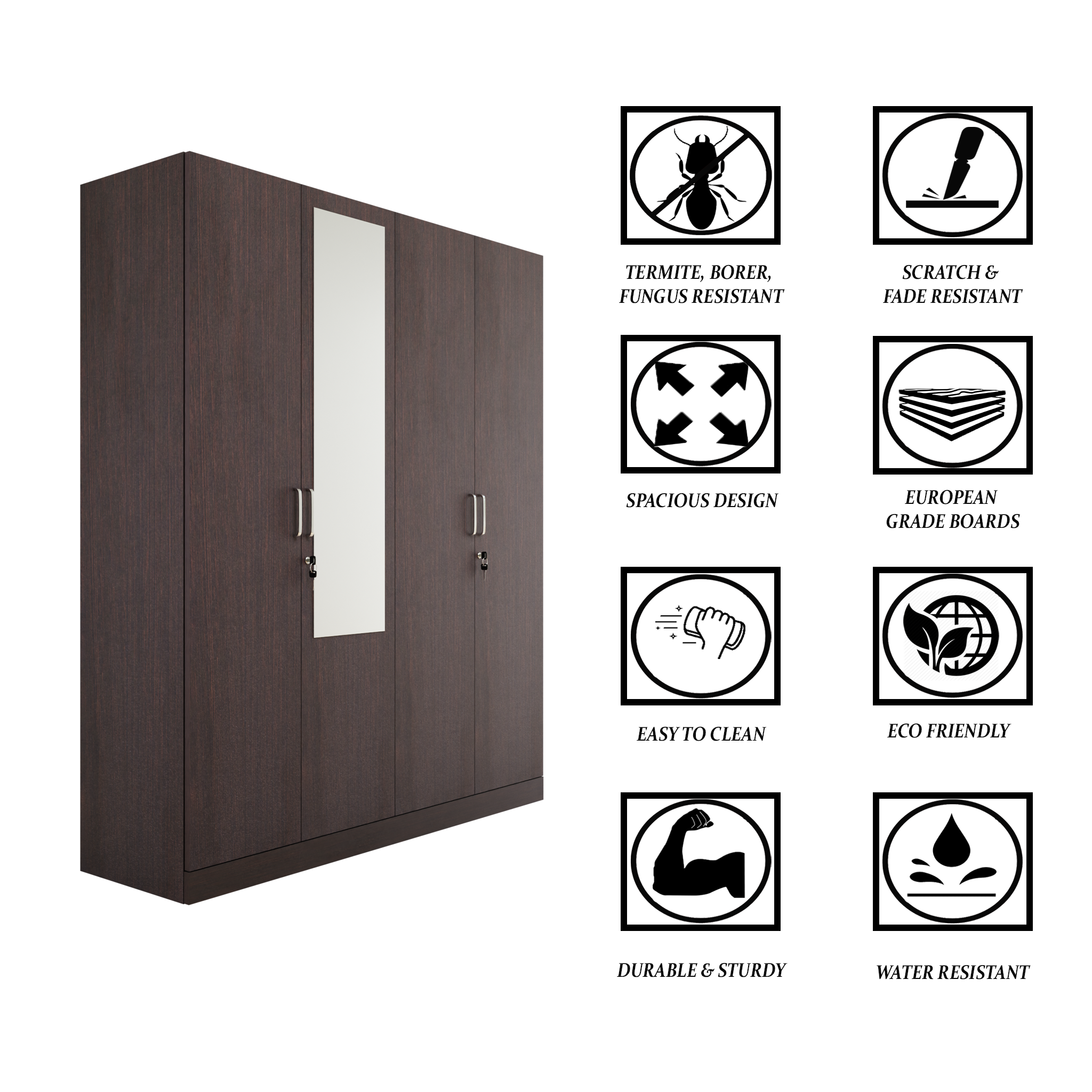 AVIRA |Wardrobe with Mirror, Hinged | 4 Door, Shelf, Hanging Space Wardrobes VIKI FURNITURE   