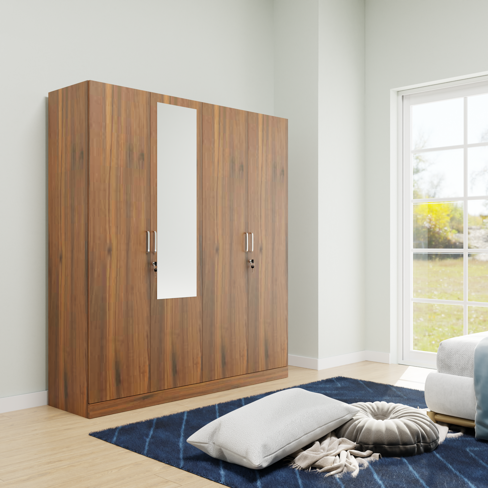 AVIRA |Wardrobe with Mirror, Hinged | 4 Door, Shelf, Hanging Space Wardrobes VIKI FURNITURE Walnut