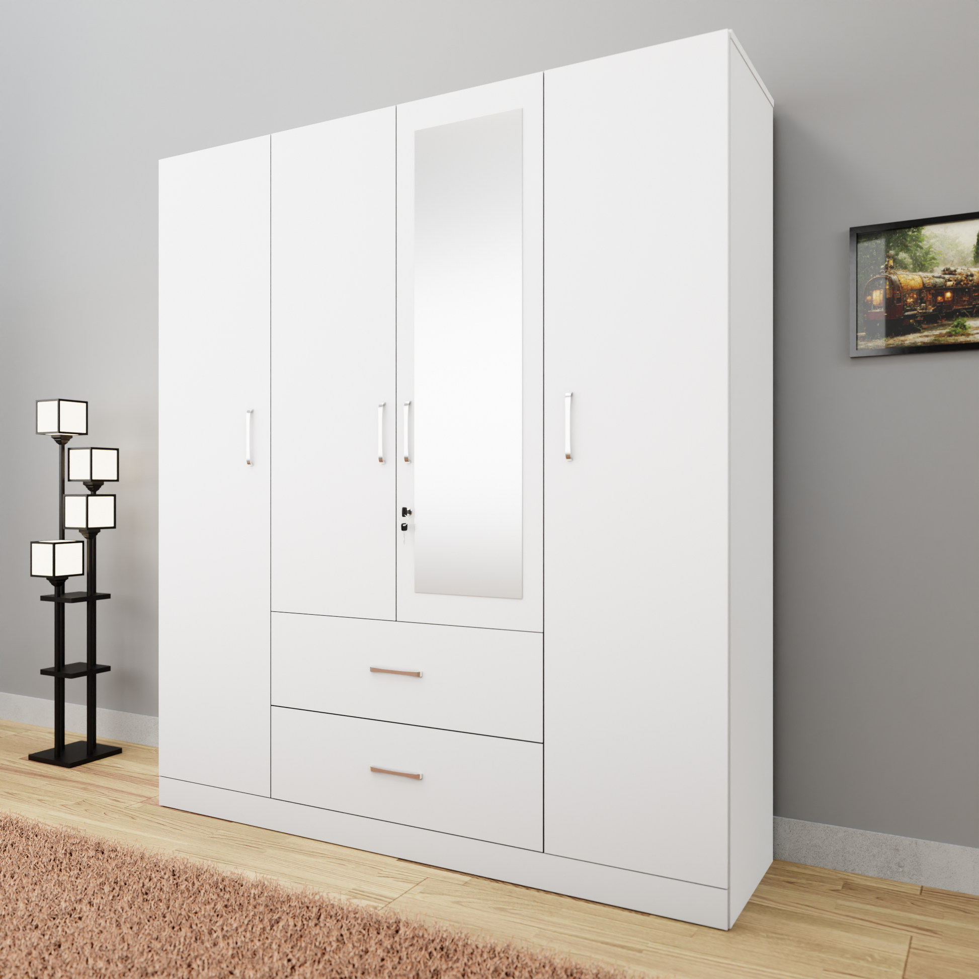 AVIRA |Wardrobe with Mirror, Hinged | 4 Door, 2 Drawer Wardrobes VIKI FURNITURE   