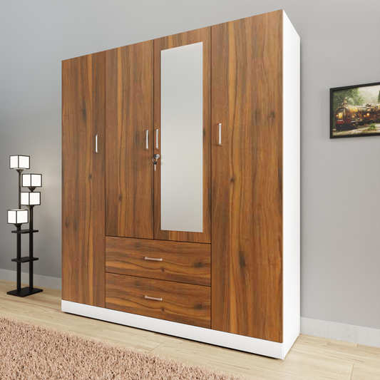 AVIRA |Wardrobe with Mirror, Hinged | 4 Door, 2 Drawer & Dual Color Wardrobes VIKI FURNITURE Frosty White & Brussel Walnut  