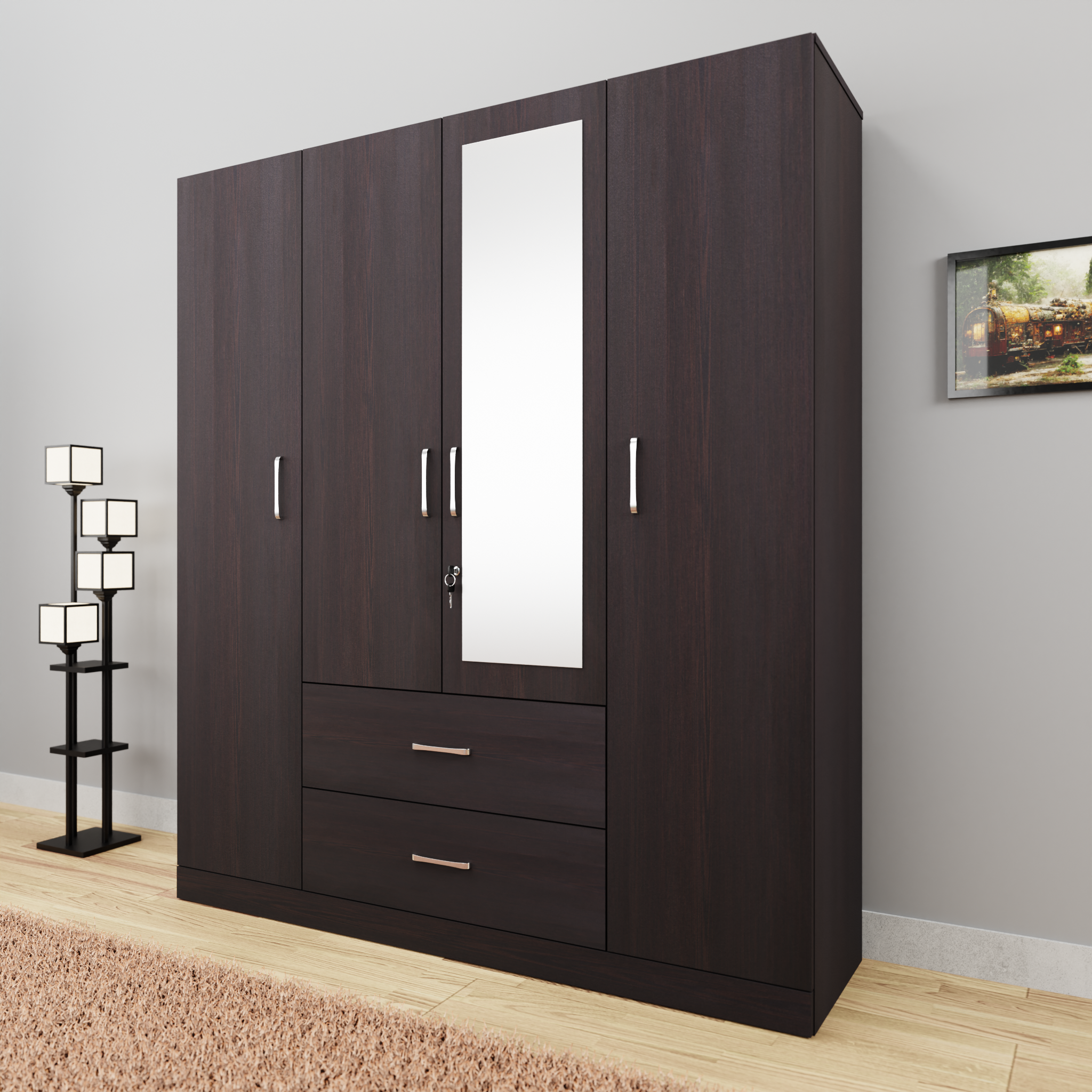 AVIRA |Wardrobe with Mirror, Hinged | 4 Door, 2 Drawer Wardrobes VIKI FURNITURE Wenge