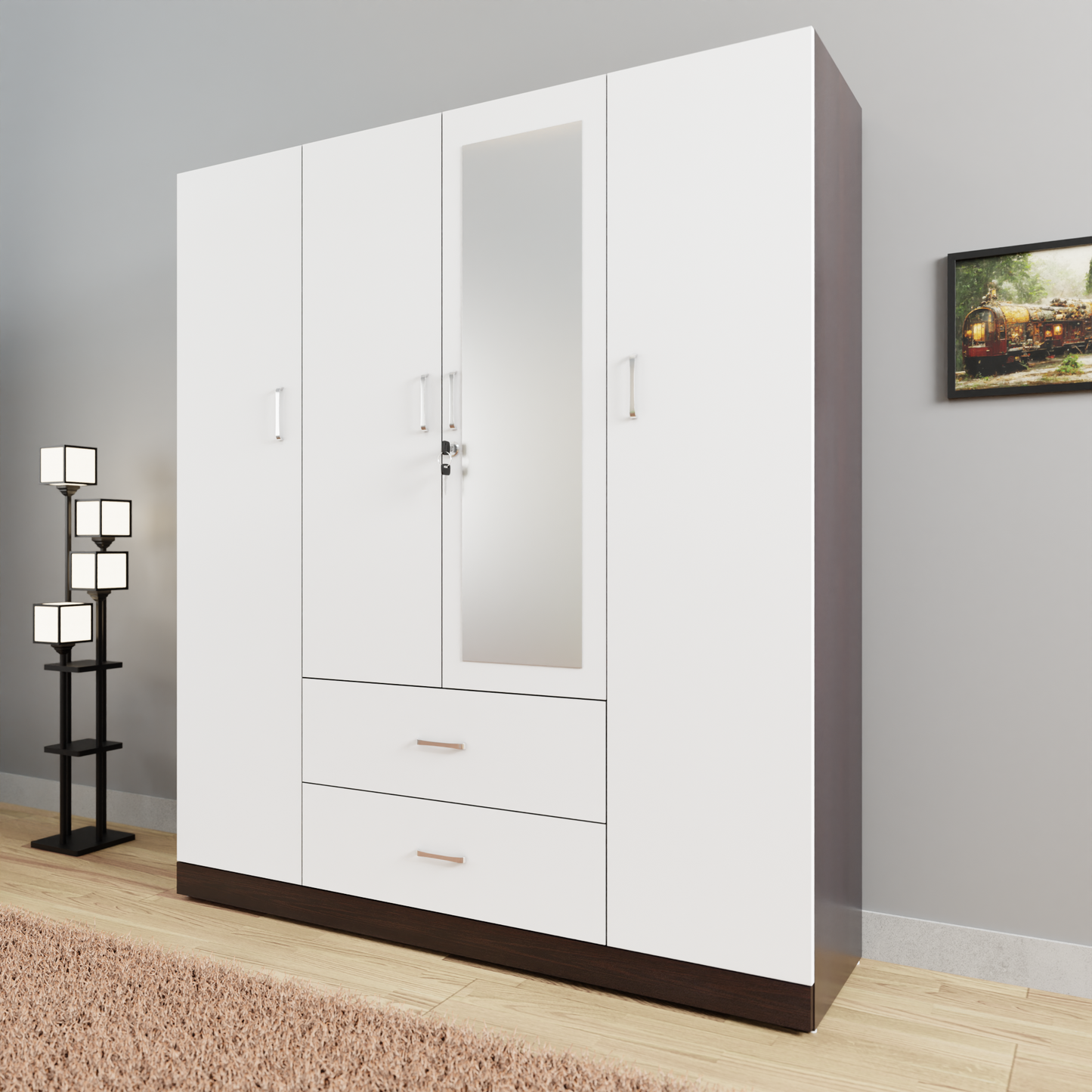 AVIRA |Wardrobe with Mirror, Hinged | 4 Door, 2 Drawer & Dual Color Wardrobes VIKI FURNITURE Dark Wenge & Frosty White  