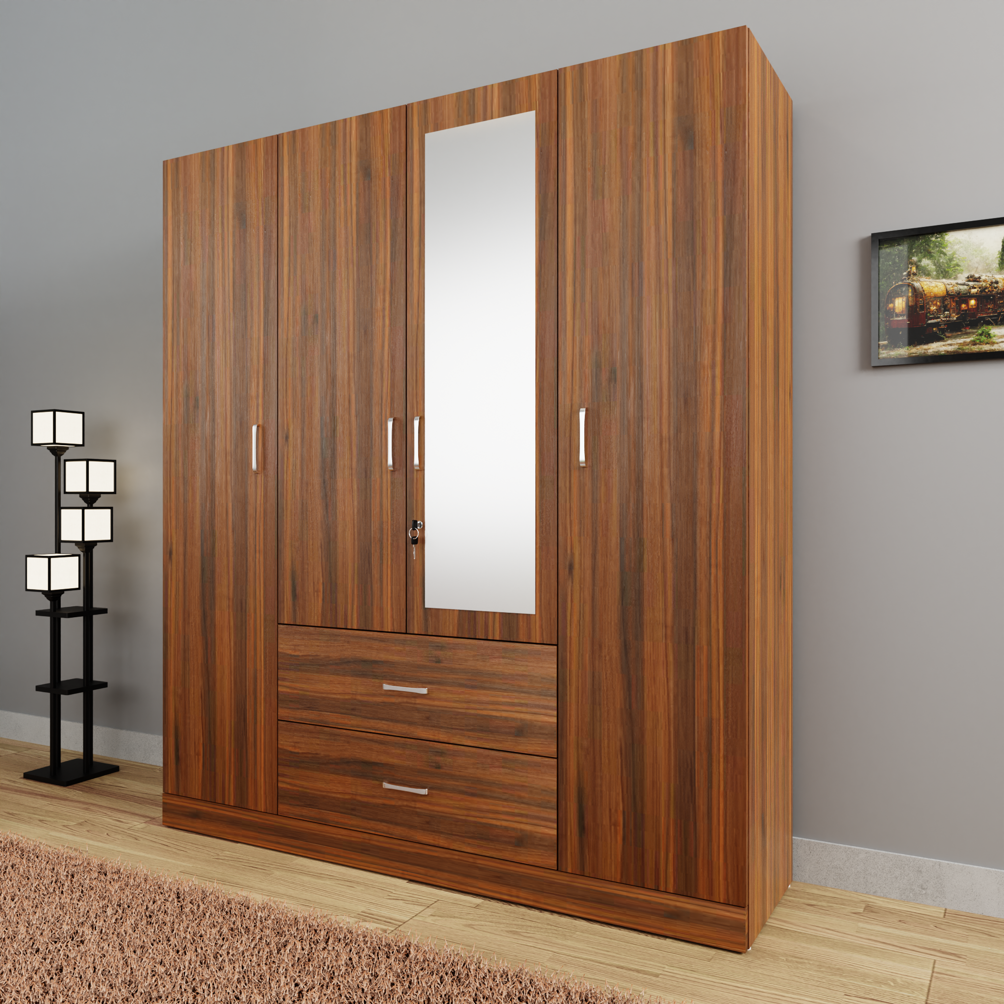 AVIRA |Wardrobe with Mirror, Hinged | 4 Door, 2 Drawer Wardrobes VIKI FURNITURE Walnut