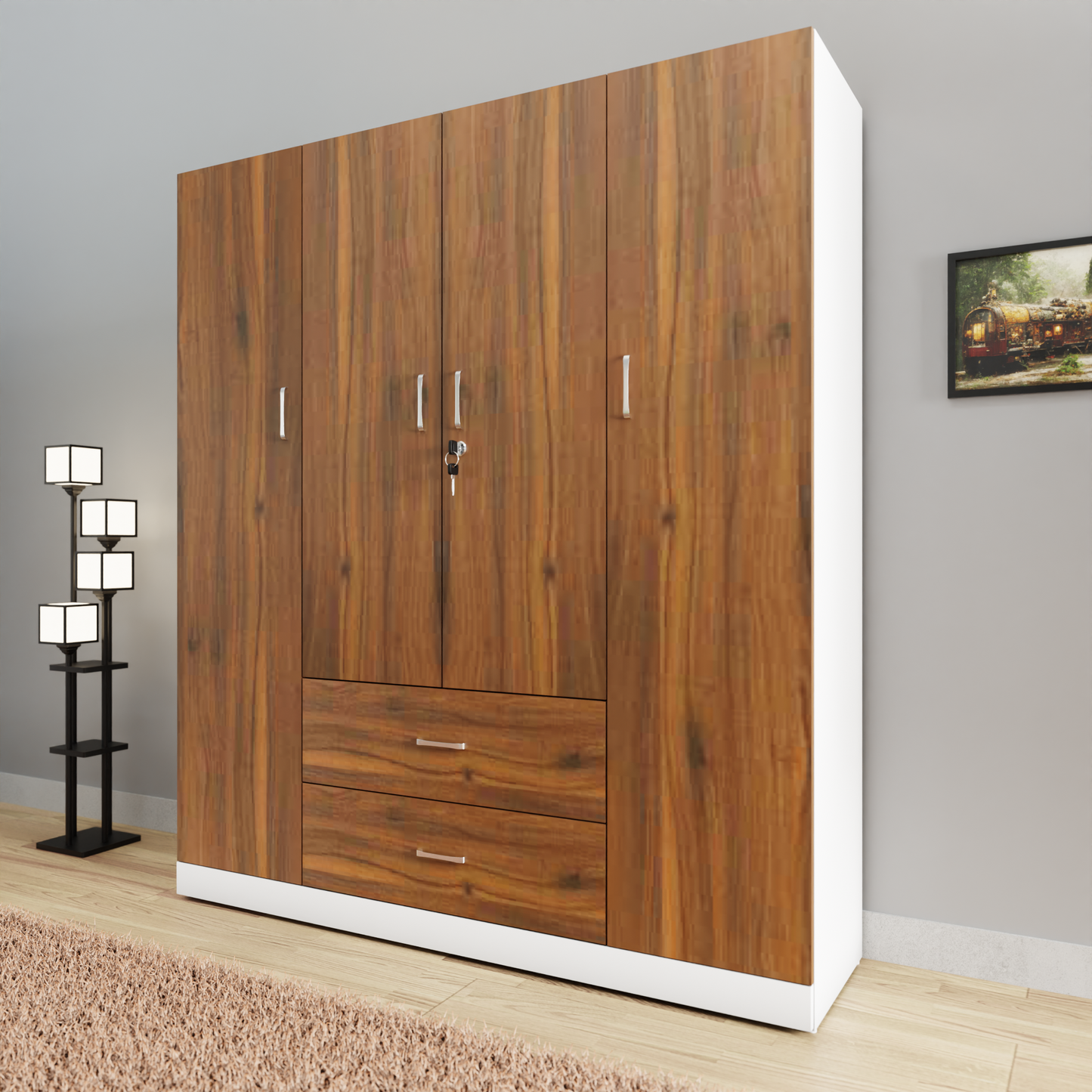 AVIRA |Wardrobe, Hinged | 4 Door, 2 Drawer & Dual Color Wardrobes VIKI FURNITURE Frosty White & Brussel Walnut  