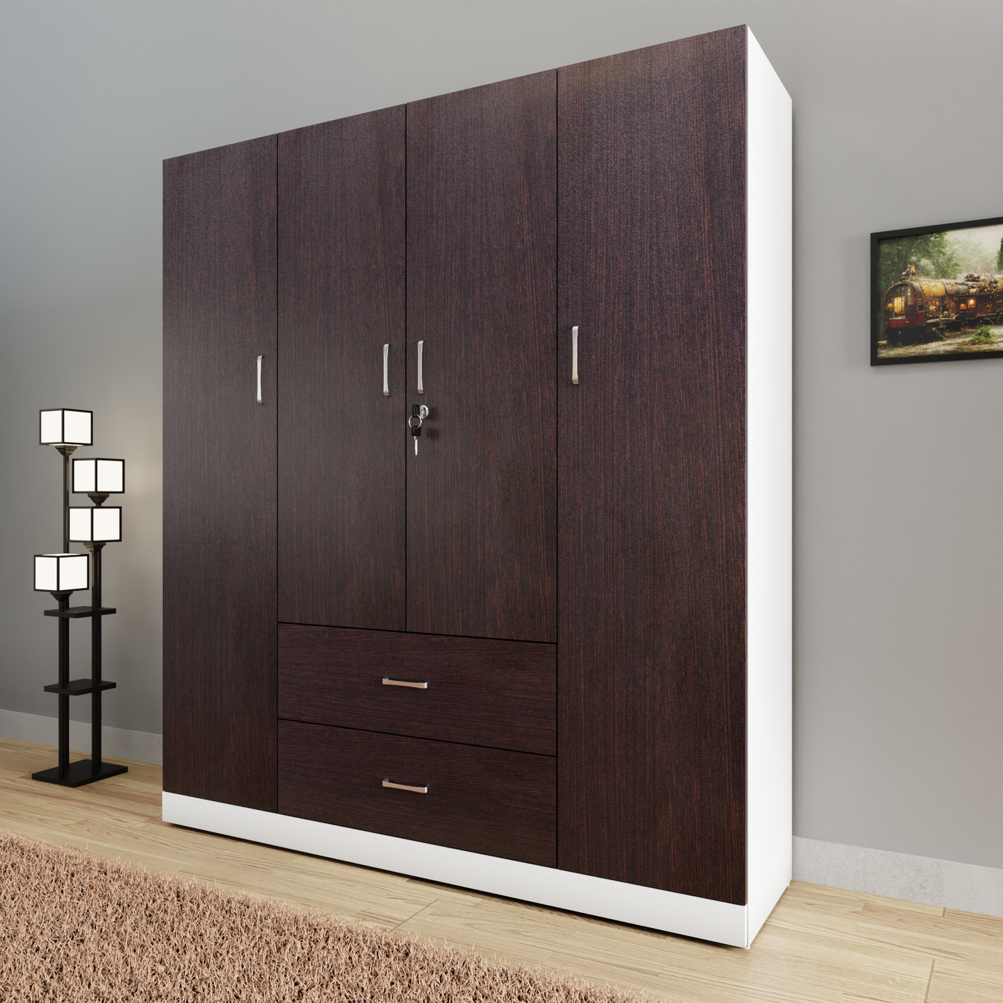 AVIRA |Wardrobe, Hinged | 4 Door, 2 Drawer & Dual Color Wardrobes VIKI FURNITURE Frosty White & Dark Wenge  