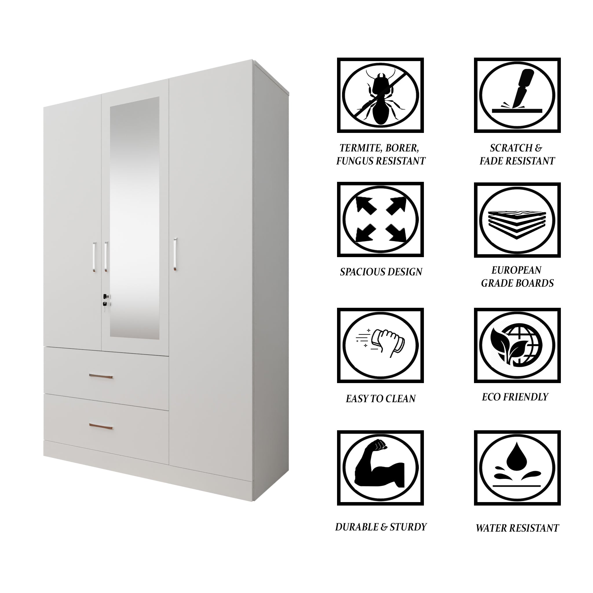 AVIRA | Wardrobe With Mirror, Hinged | 3 Door, 2 Drawer Wardrobes VIKI FURNITURE   