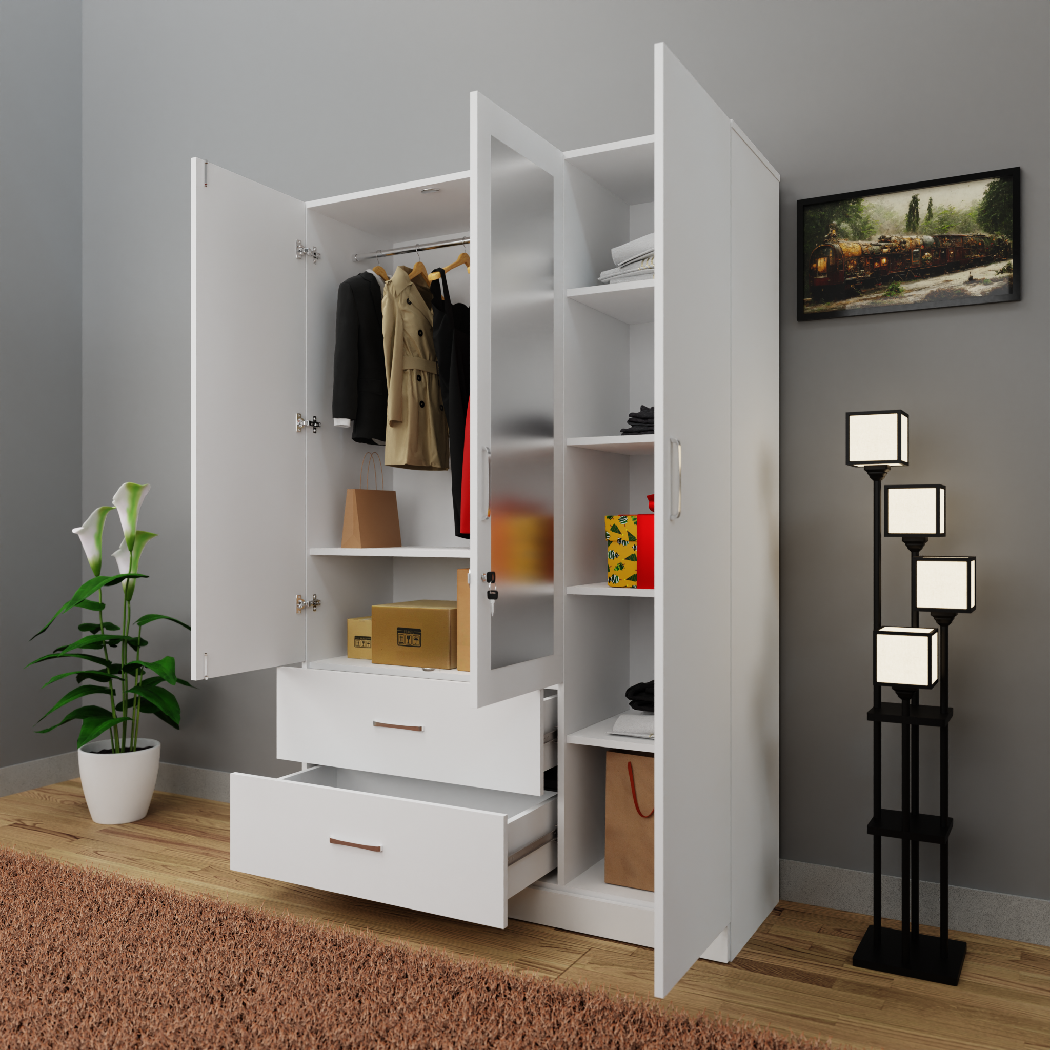 AVIRA | Wardrobe With Mirror, Hinged | 3 Door, 2 Drawer Wardrobes VIKI FURNITURE   