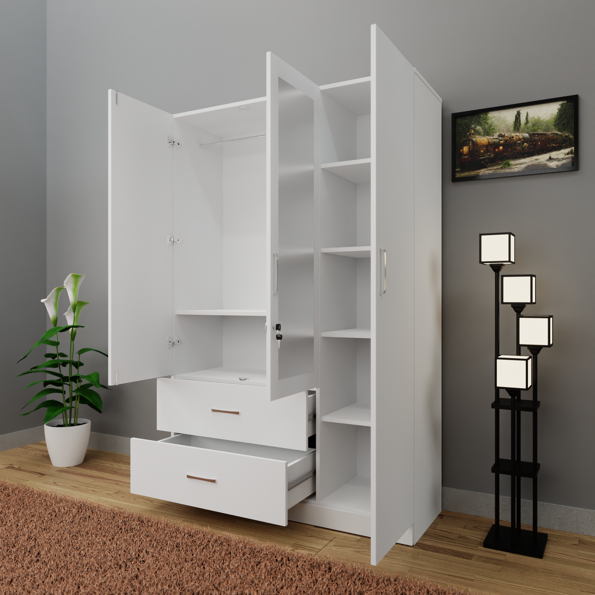 AVIRA | Wardrobe With Mirror, Hinged | 3 Door, 2 Drawer Wardrobes VIKI FURNITURE   