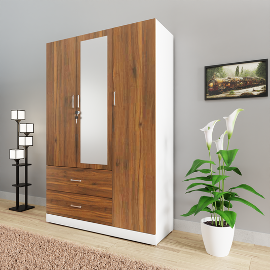 AVIRA | Wardrobe With Mirror, Hinged | 3 Door, 2 Drawer & Dual Color Wardrobes VIKI FURNITURE Frosty White & Brussel Walnut  