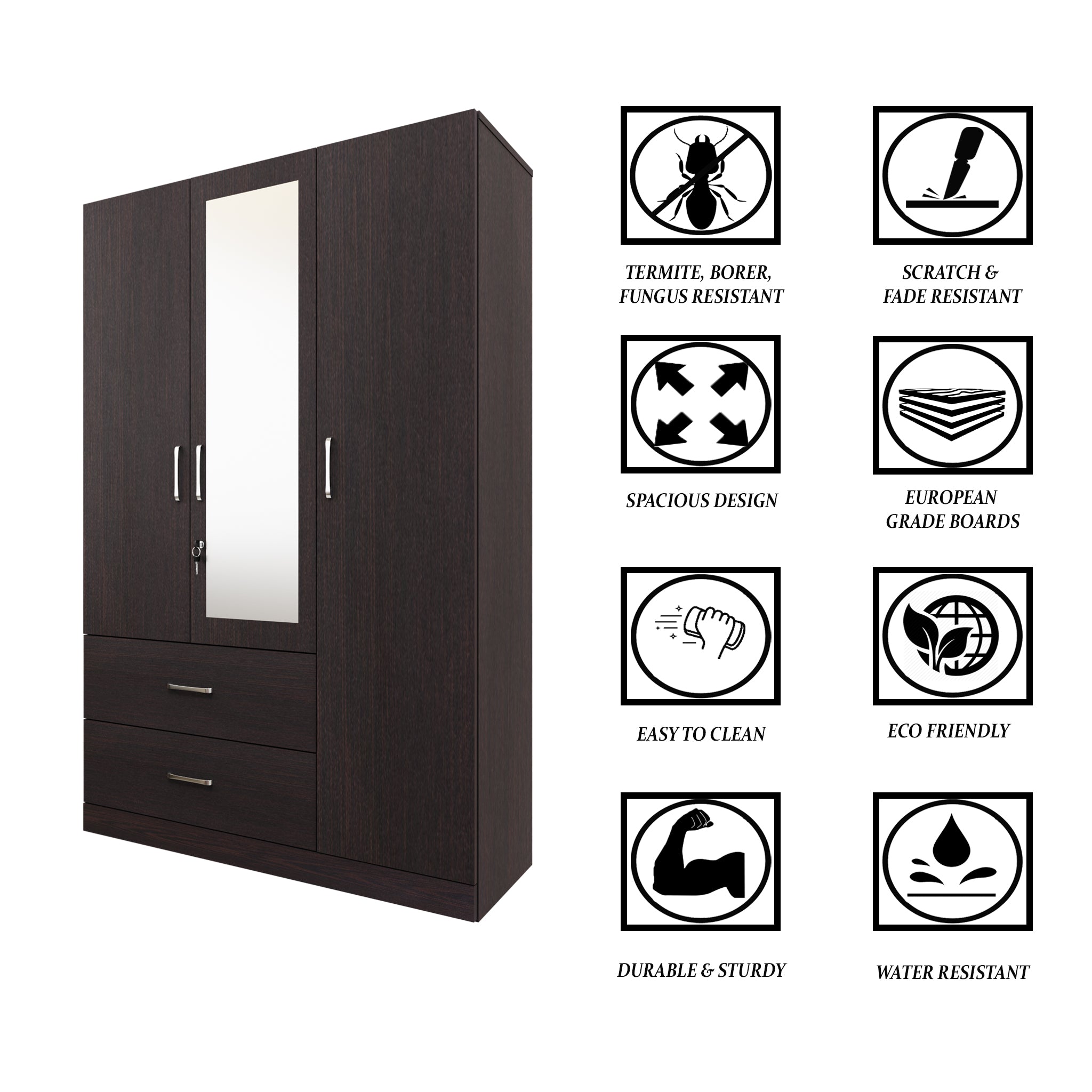 AVIRA | Wardrobe With Mirror, Hinged | 3 Door, 2 Drawer Wardrobes VIKI FURNITURE   