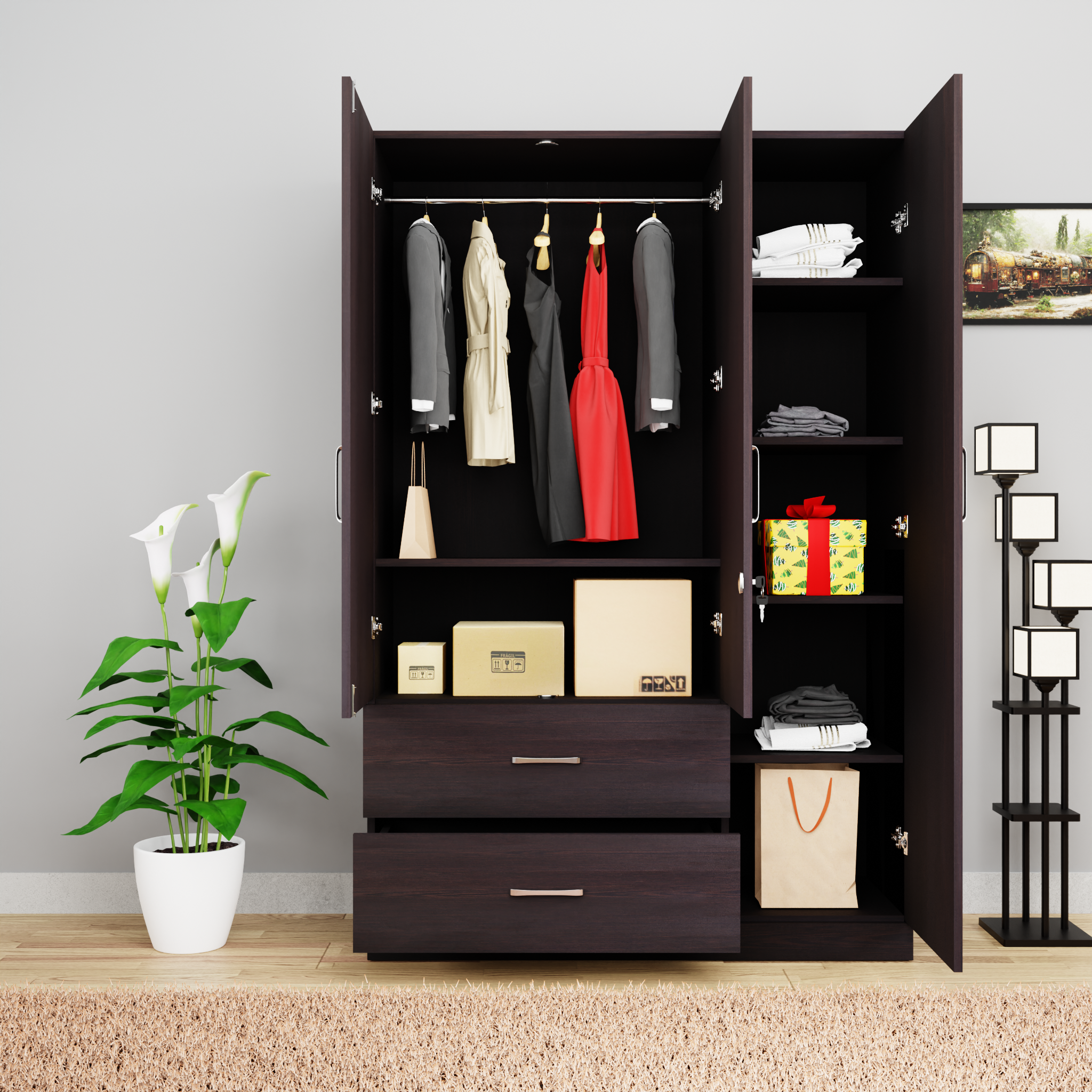 AVIRA | Wardrobe With Mirror, Hinged | 3 Door, 2 Drawer Wardrobes VIKI FURNITURE   