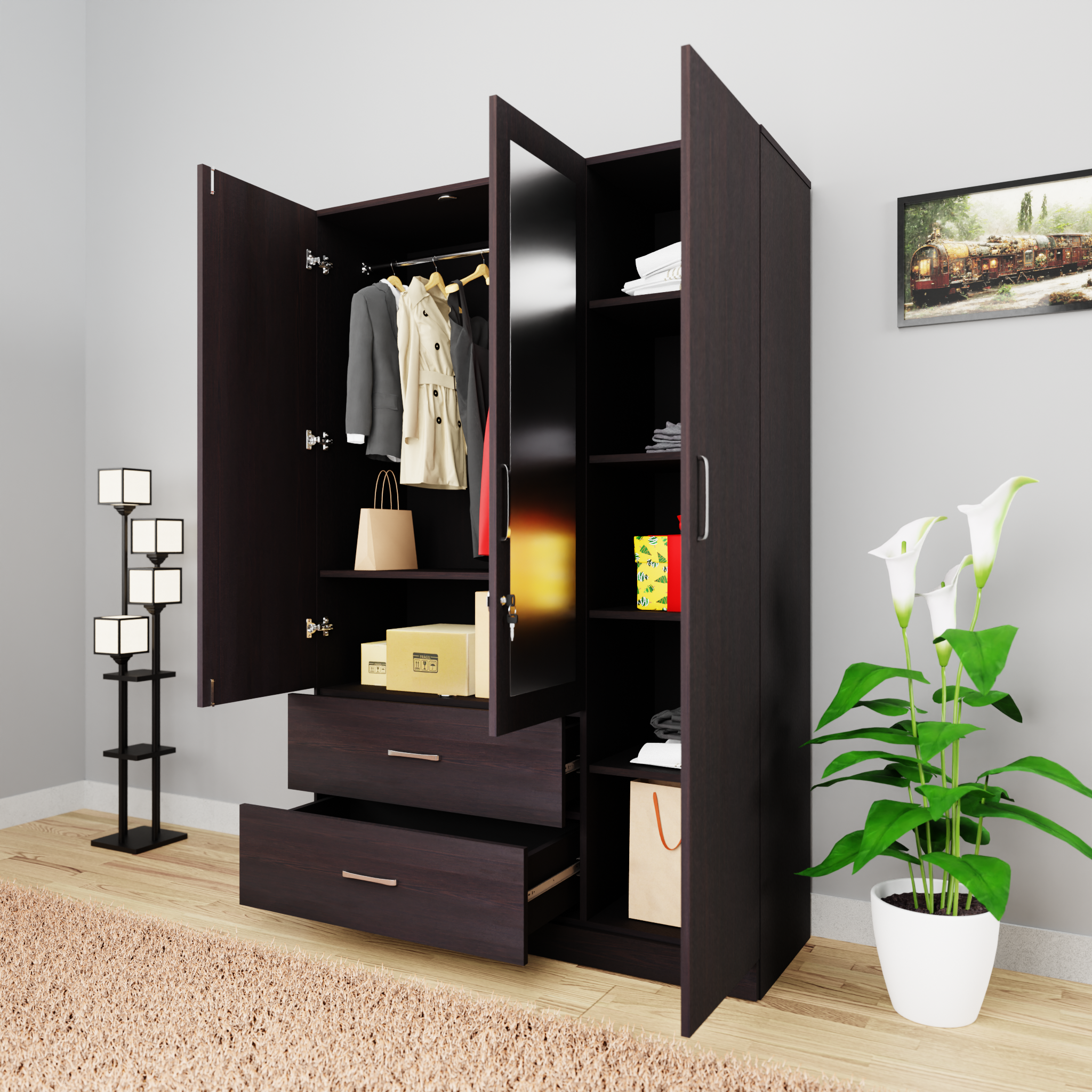 AVIRA | Wardrobe With Mirror, Hinged | 3 Door, 2 Drawer Wardrobes VIKI FURNITURE   