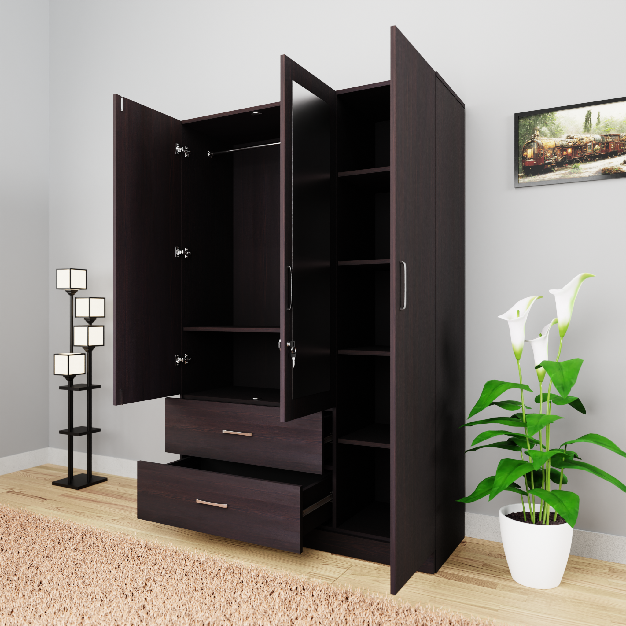 AVIRA | Wardrobe With Mirror, Hinged | 3 Door, 2 Drawer Wardrobes VIKI FURNITURE   