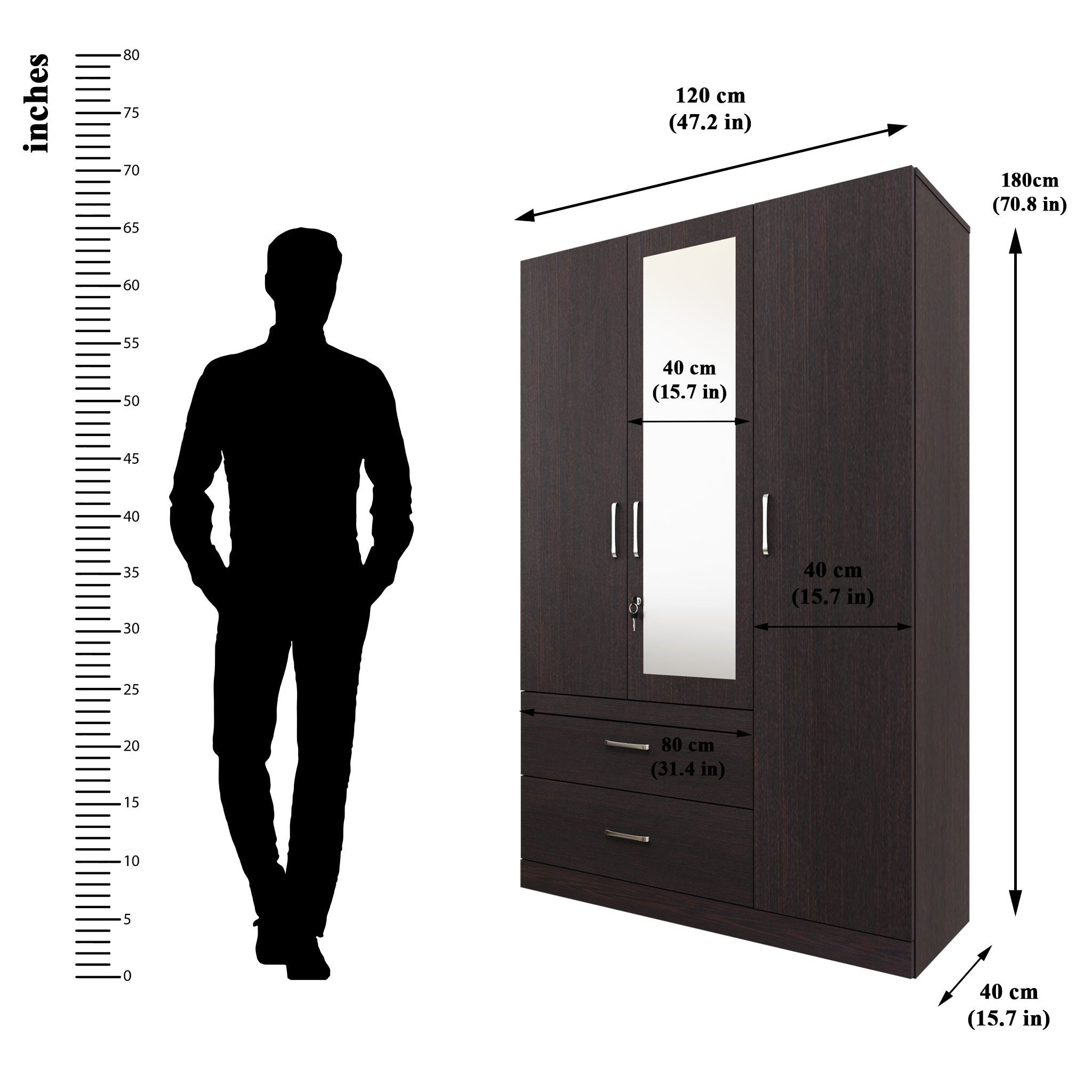 AVIRA | Wardrobe With Mirror, Hinged | 3 Door, 2 Drawer Wardrobes VIKI FURNITURE   