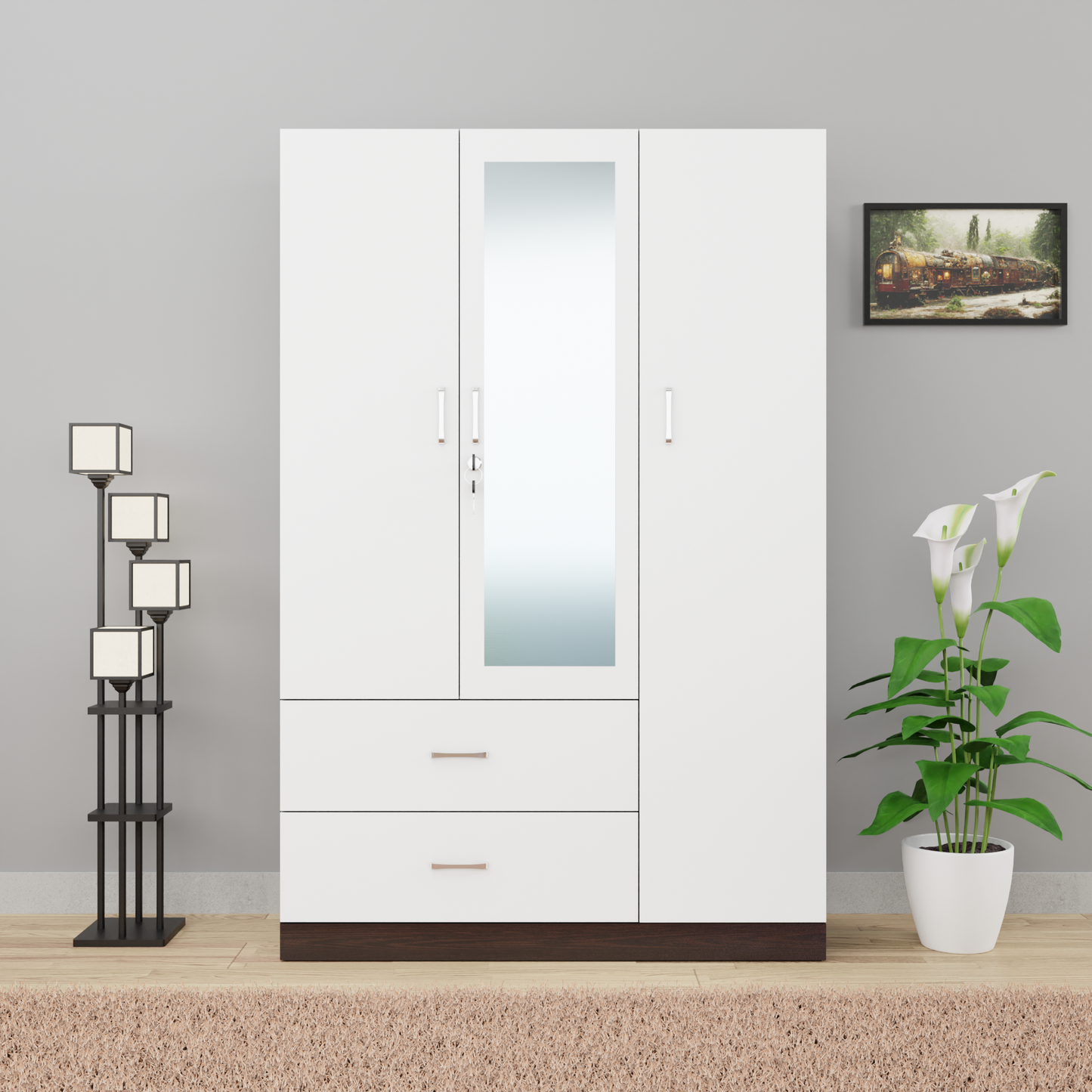 AVIRA | Wardrobe With Mirror, Hinged | 3 Door, 2 Drawer & Dual Color Wardrobes VIKI FURNITURE Dark Wenge & Frosty White  
