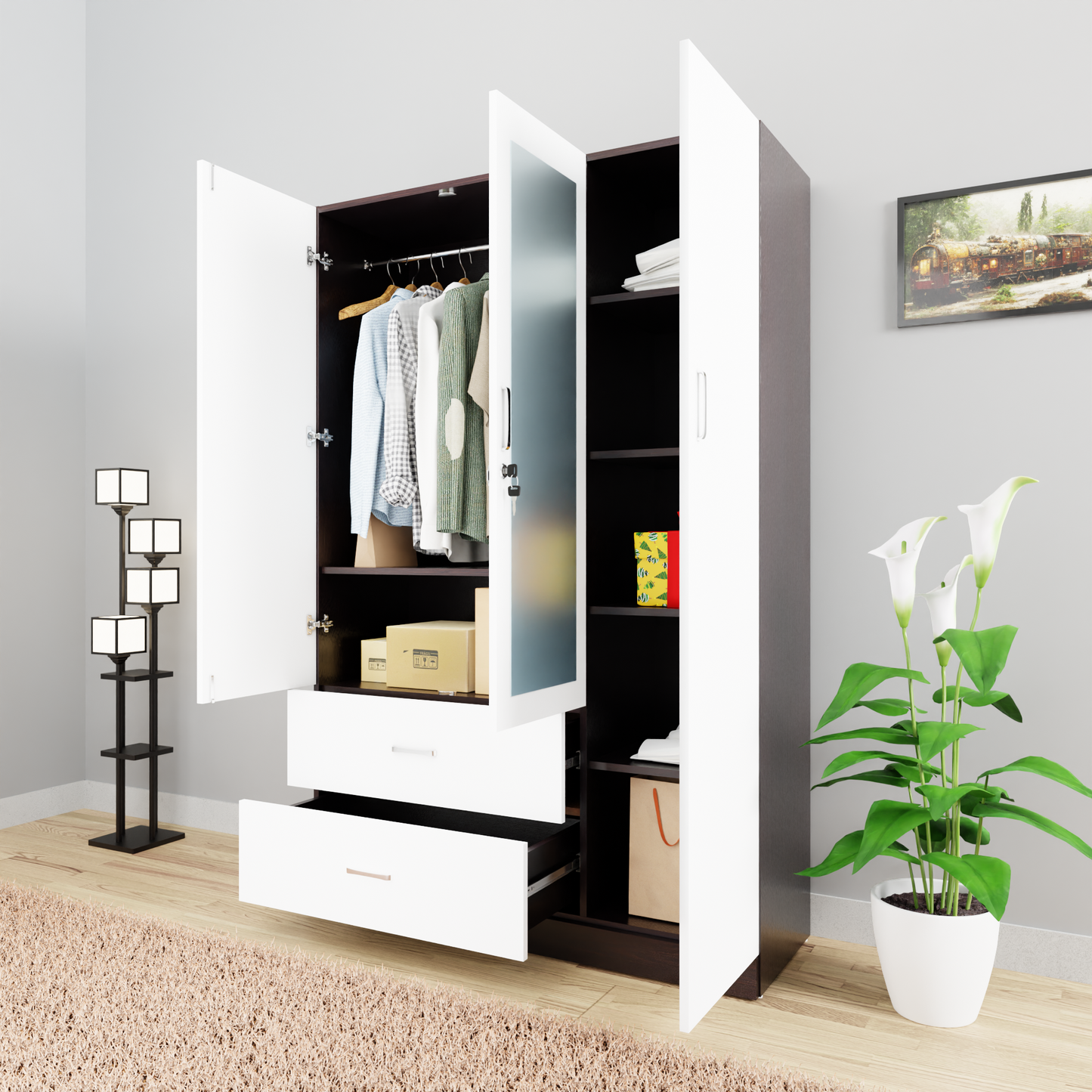 AVIRA | Wardrobe With Mirror, Hinged | 3 Door, 2 Drawer & Dual Color Wardrobes VIKI FURNITURE   