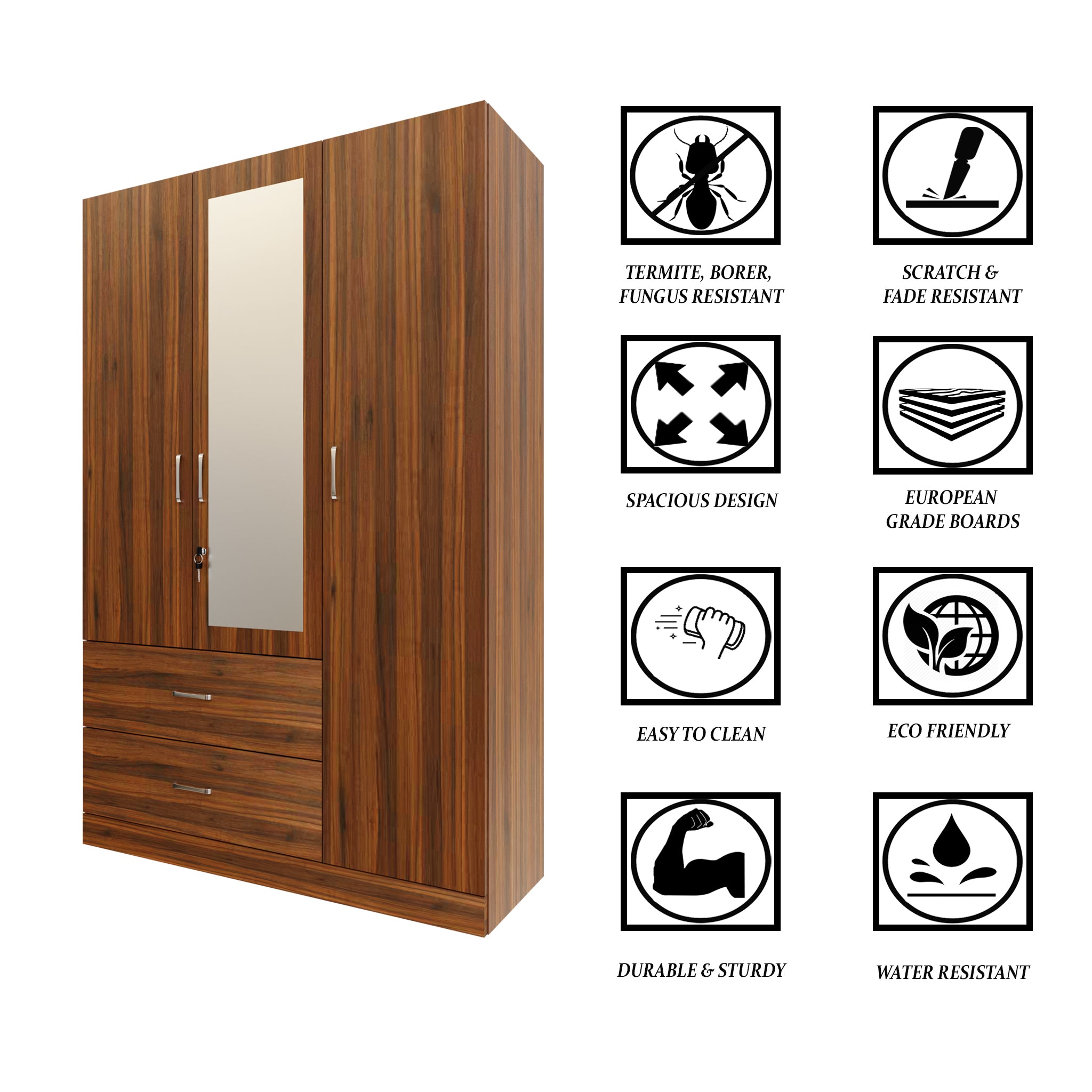 AVIRA | Wardrobe With Mirror, Hinged | 3 Door, 2 Drawer Wardrobes VIKI FURNITURE   