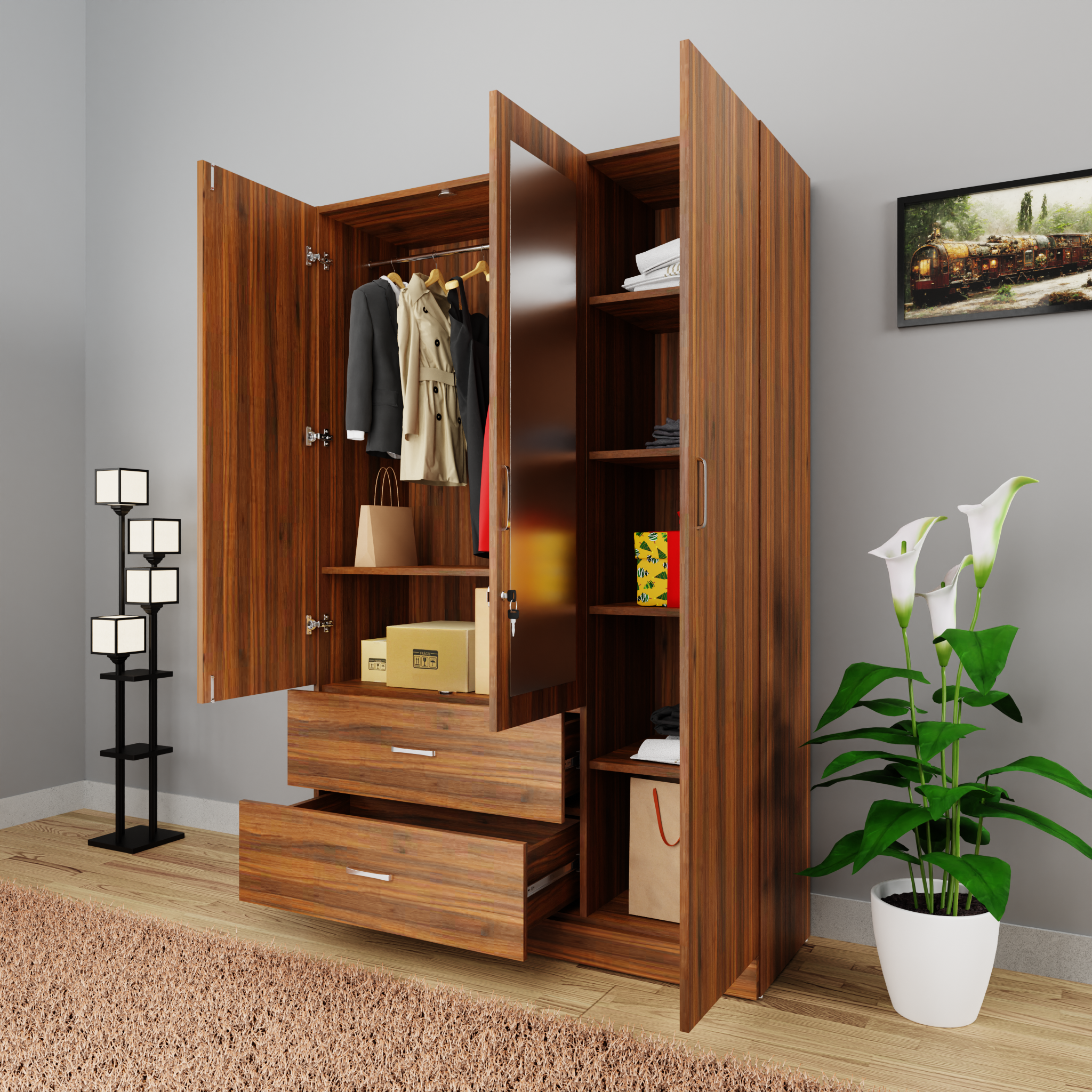 AVIRA | Wardrobe With Mirror, Hinged | 3 Door, 2 Drawer Wardrobes VIKI FURNITURE   