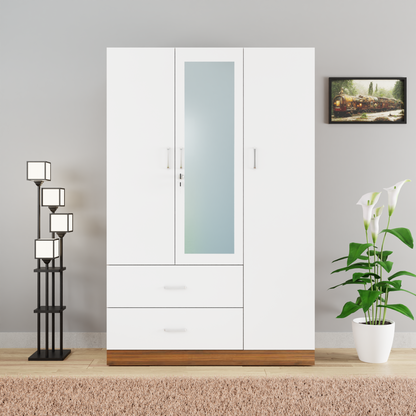 AVIRA | Wardrobe With Mirror, Hinged | 3 Door, 2 Drawer & Dual Color Wardrobes VIKI FURNITURE Brussel Walnut & Frosty White  