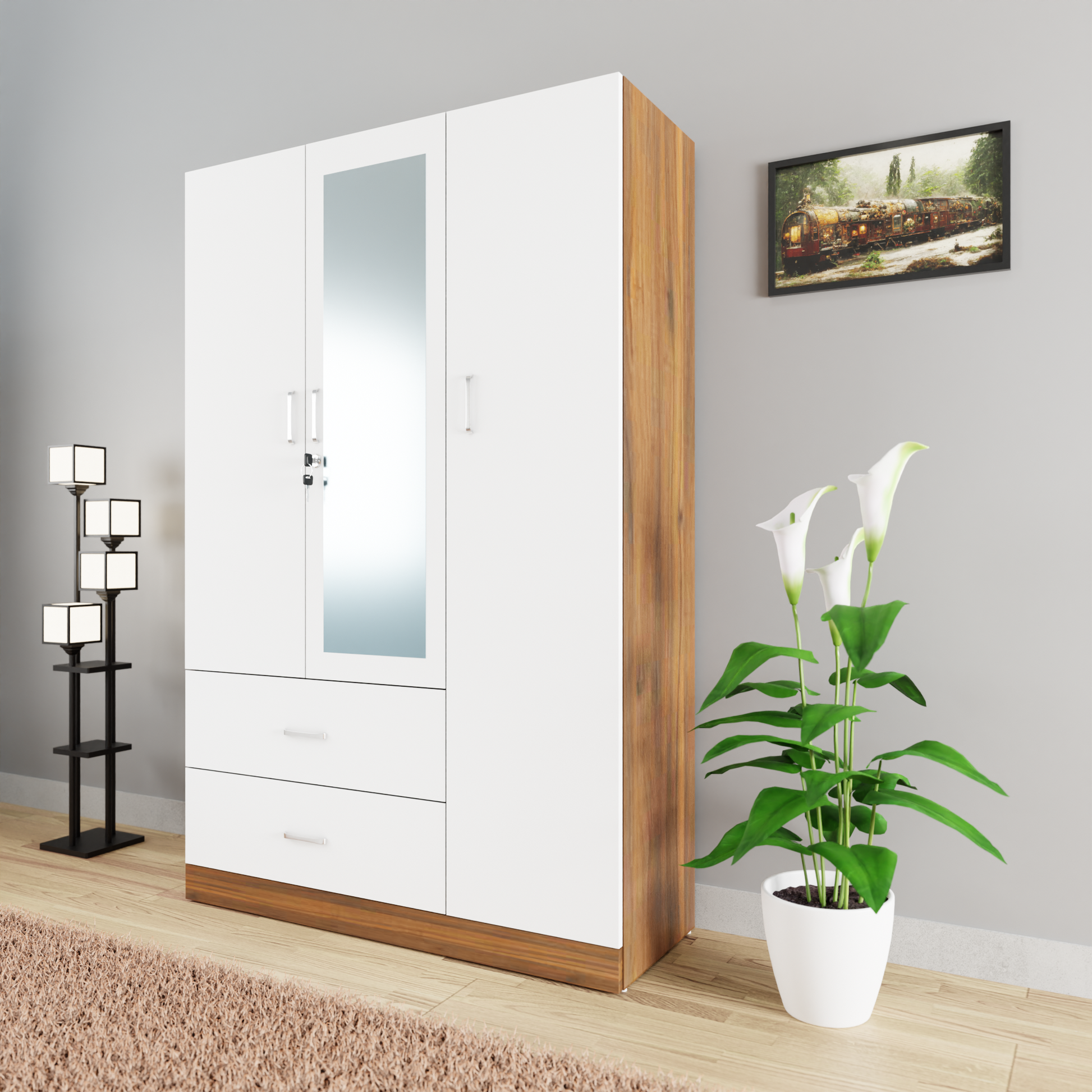 AVIRA | Wardrobe With Mirror, Hinged | 3 Door, 2 Drawer & Dual Color Wardrobes VIKI FURNITURE   