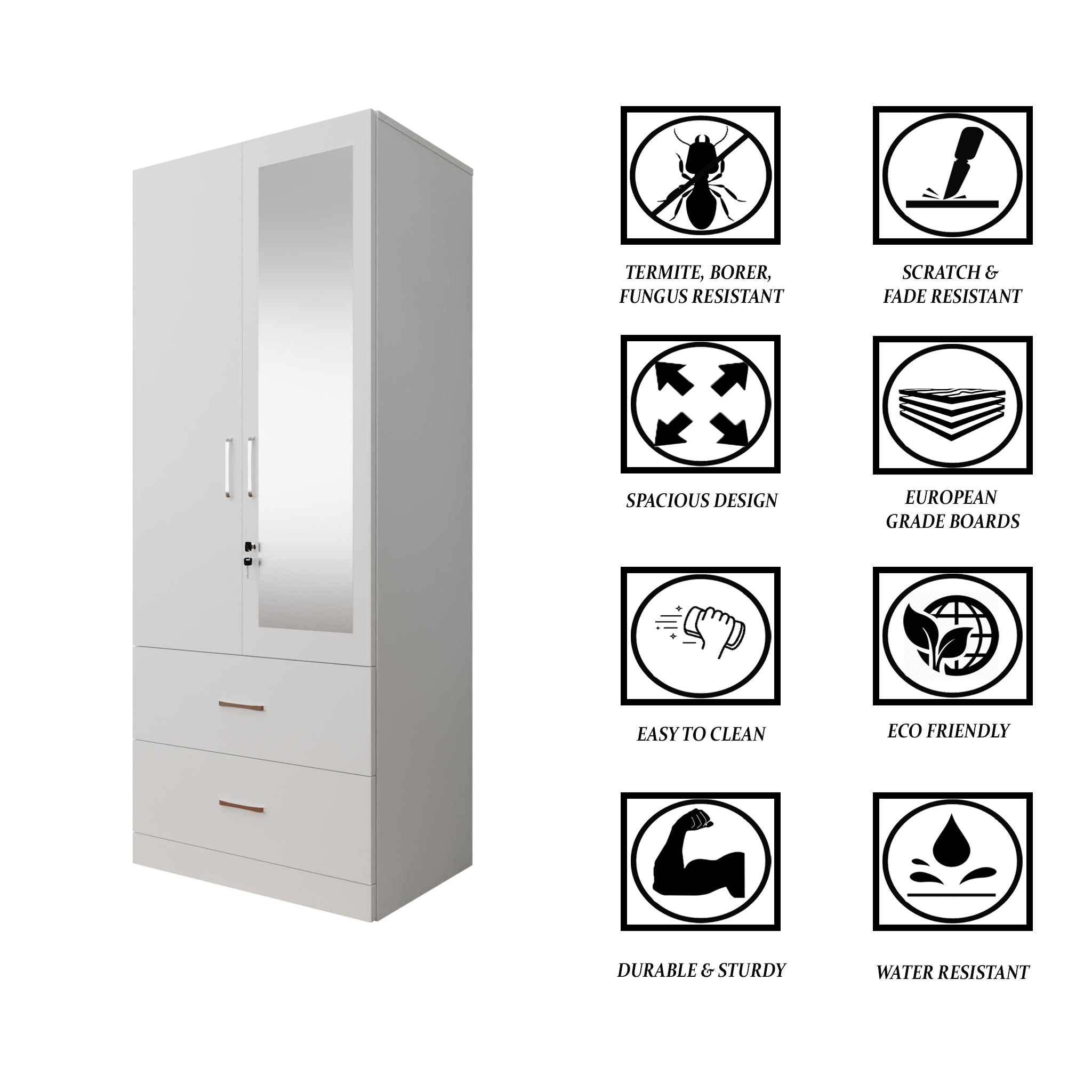 AVIRA | Wardrobe With Mirror, Hinged | 2 Door, 2 Drawer Wardrobes VIKI FURNITURE   