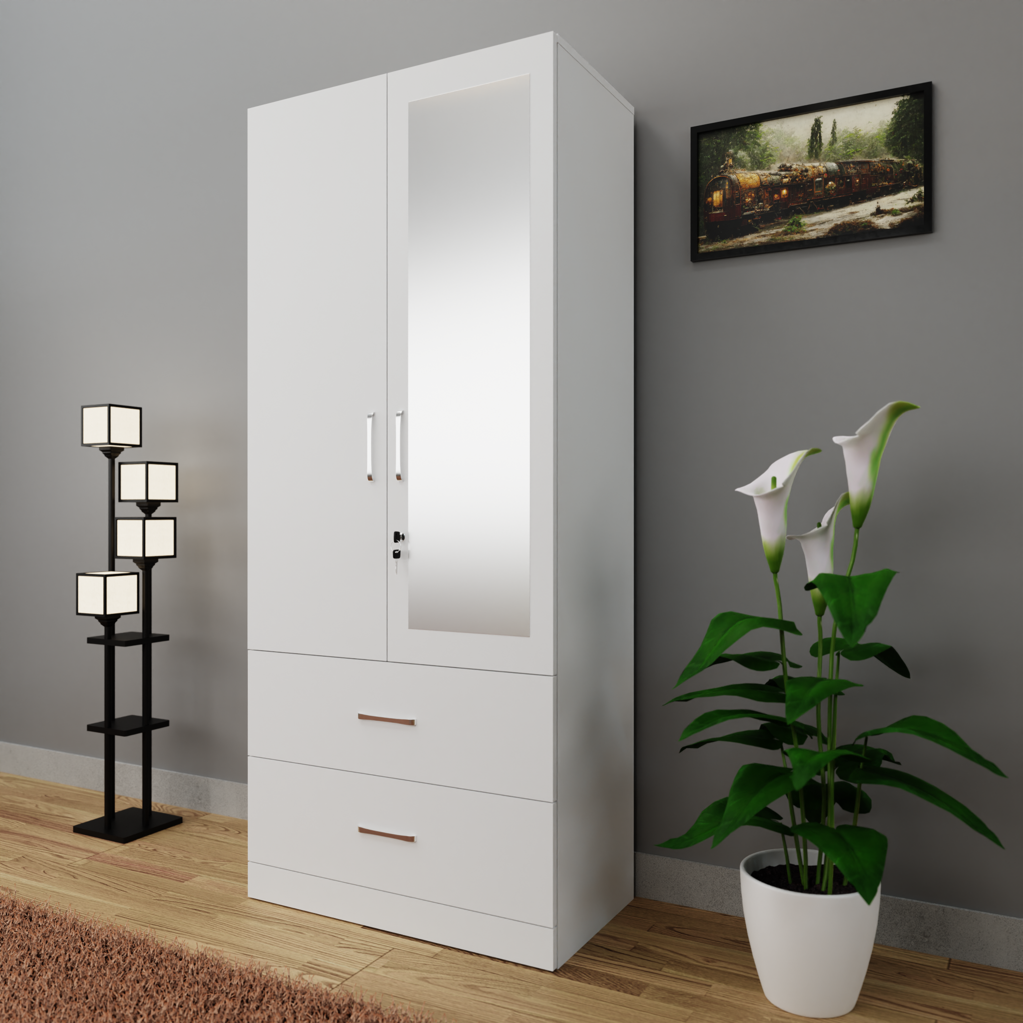 AVIRA | Wardrobe With Mirror, Hinged | 2 Door, 2 Drawer Wardrobes VIKI FURNITURE White