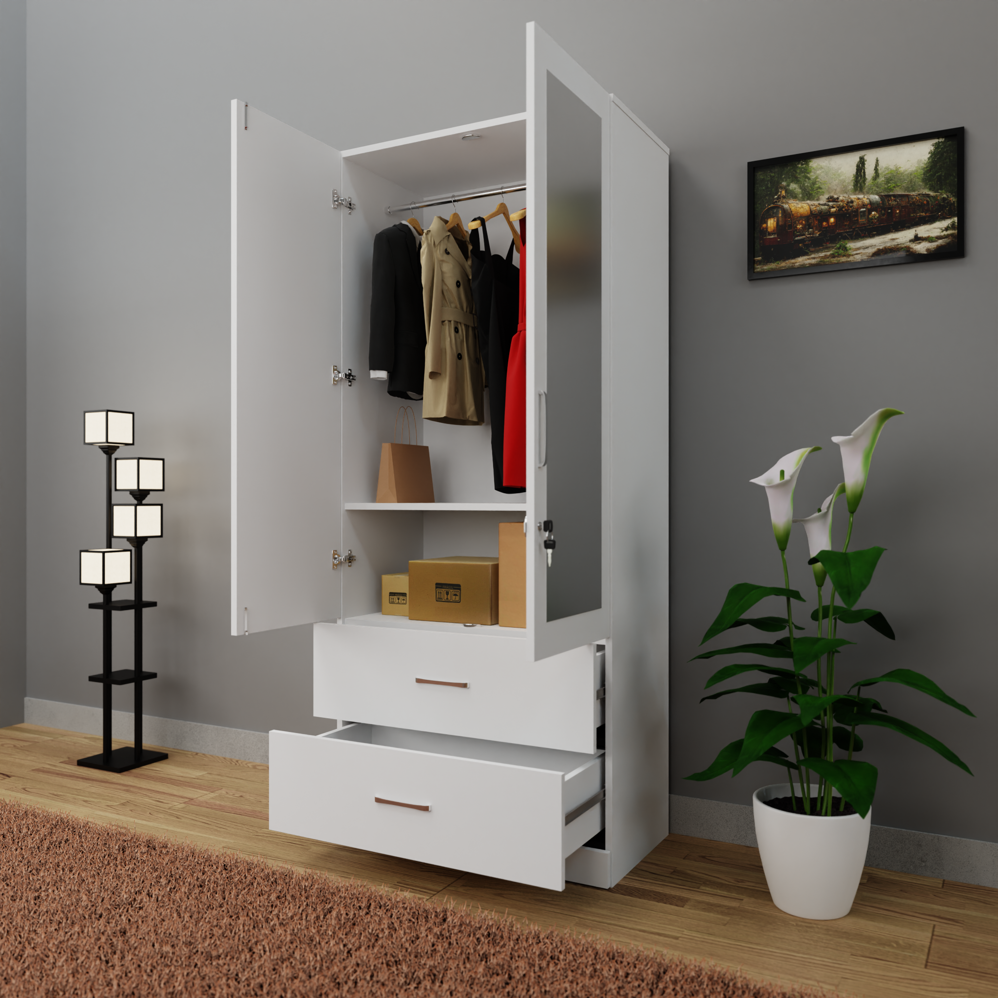 AVIRA | Wardrobe With Mirror, Hinged | 2 Door, 2 Drawer Wardrobes VIKI FURNITURE   