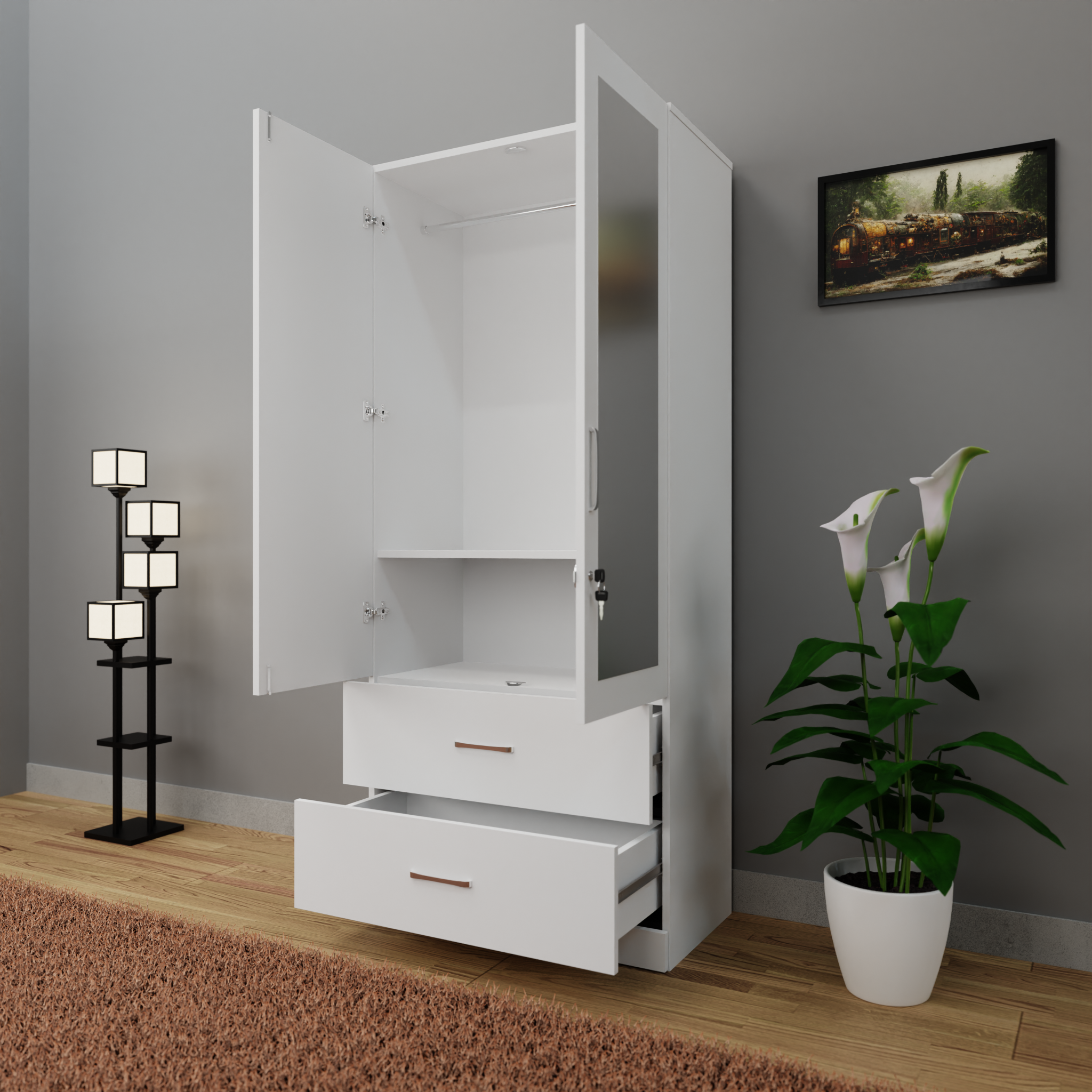 AVIRA | Wardrobe With Mirror, Hinged | 2 Door, 2 Drawer Wardrobes VIKI FURNITURE   