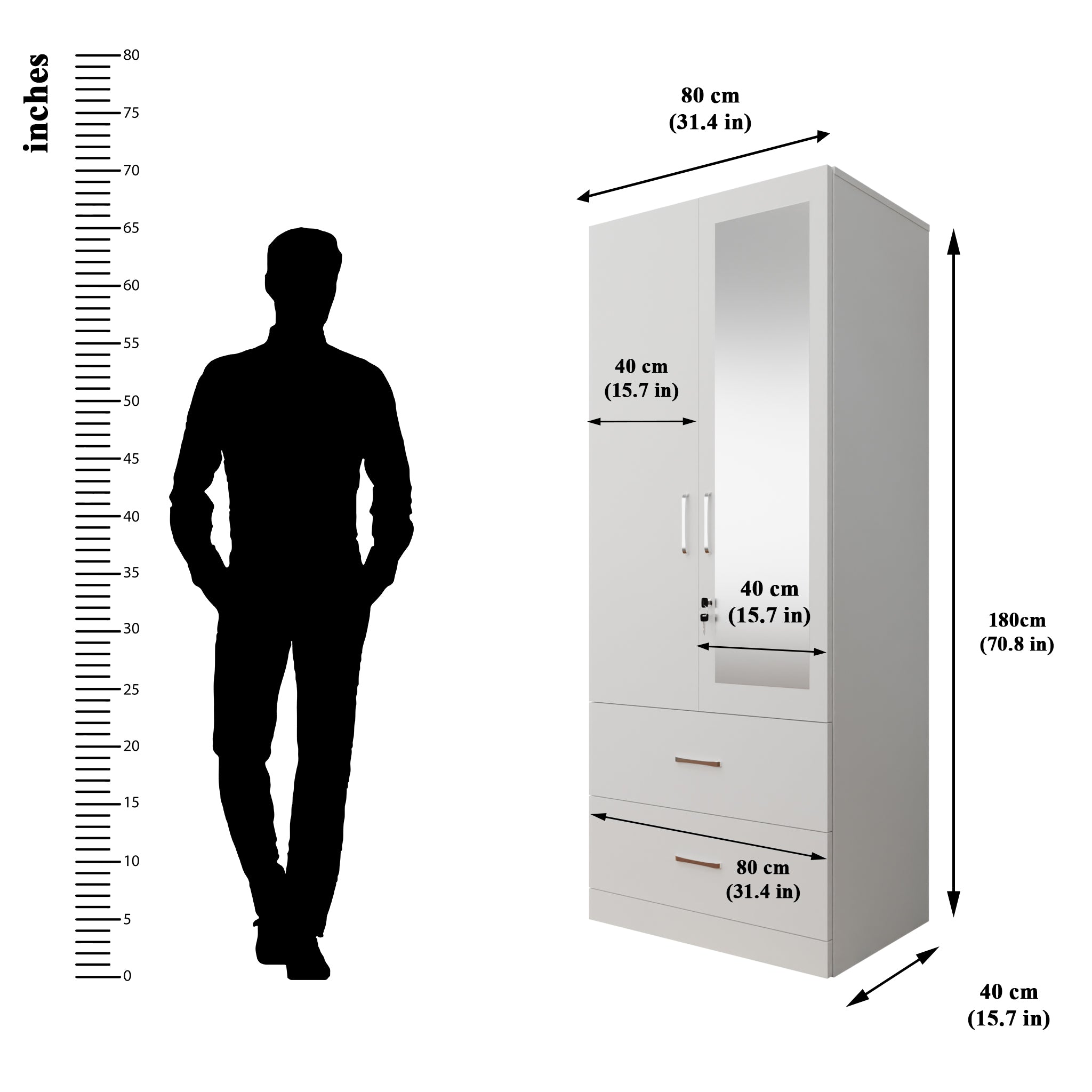 AVIRA | Wardrobe With Mirror, Hinged | 2 Door, 2 Drawer Wardrobes VIKI FURNITURE   