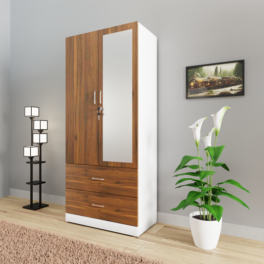 AVIRA | Wardrobe With Mirror, Hinged | 2 Door, 2 Drawer & Dual Color Wardrobes VIKI FURNITURE Frosty White & Brussel Walnut  