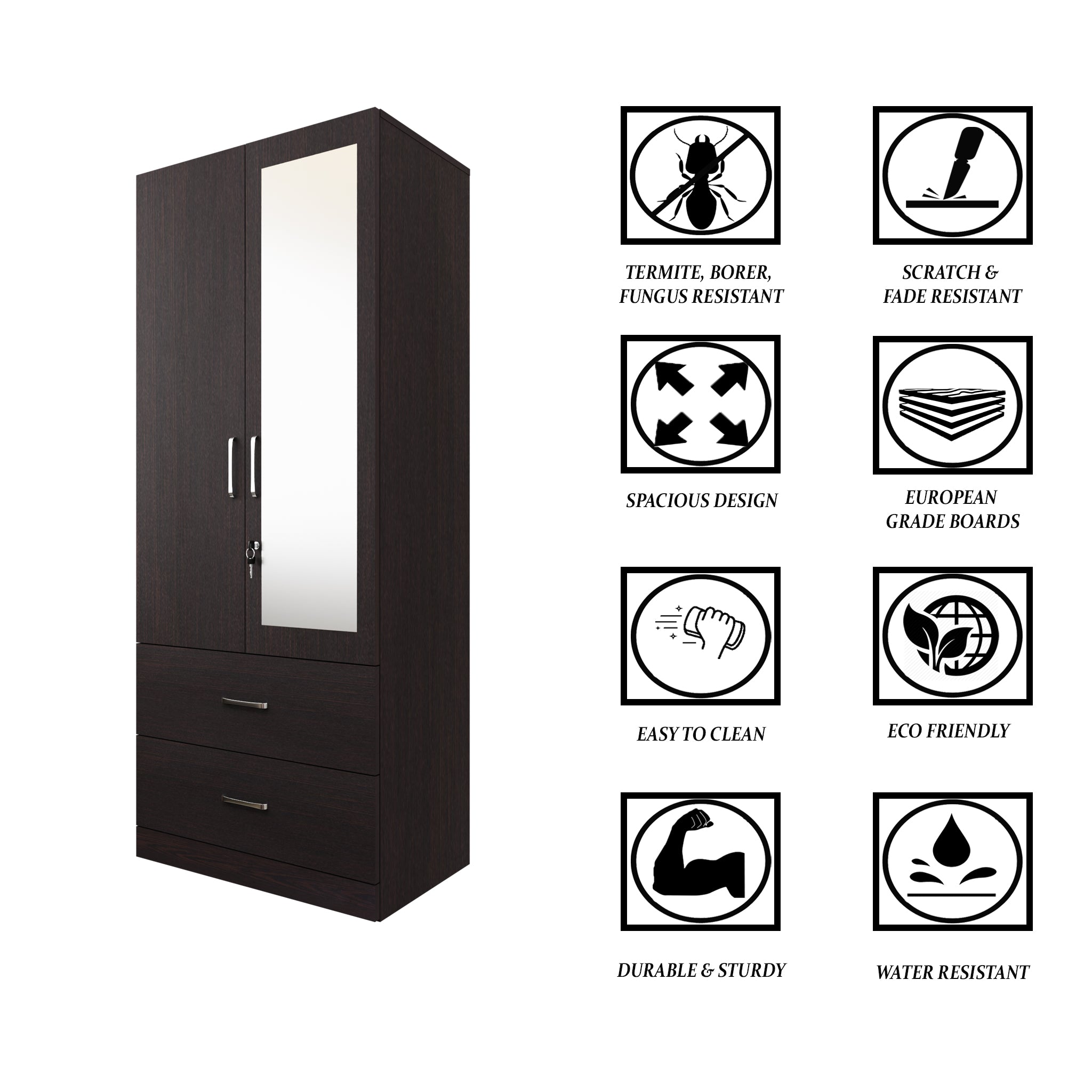 AVIRA | Wardrobe With Mirror, Hinged | 2 Door, 2 Drawer Wardrobes VIKI FURNITURE   