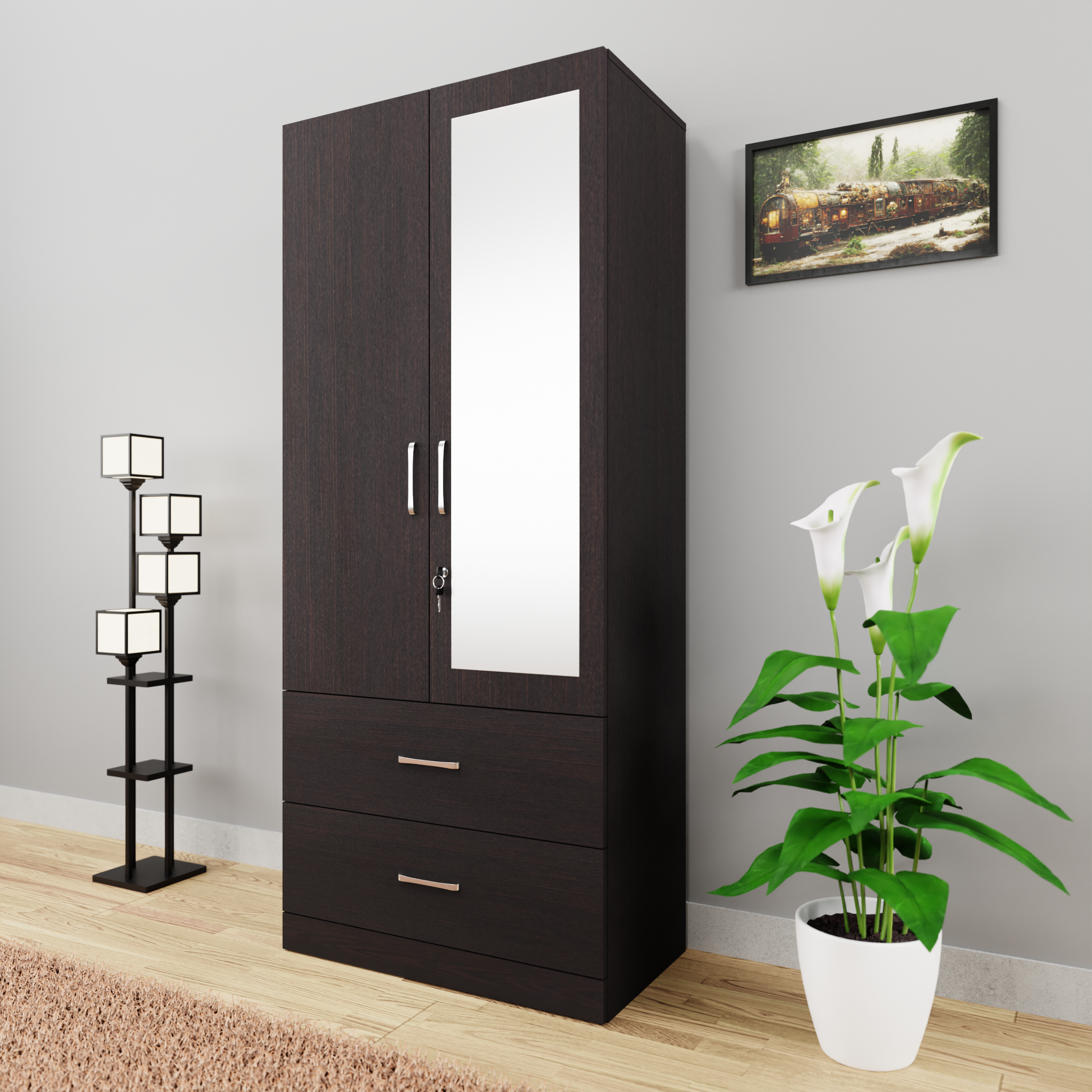 AVIRA | Wardrobe With Mirror, Hinged | 2 Door, 2 Drawer Wardrobes VIKI FURNITURE Wenge