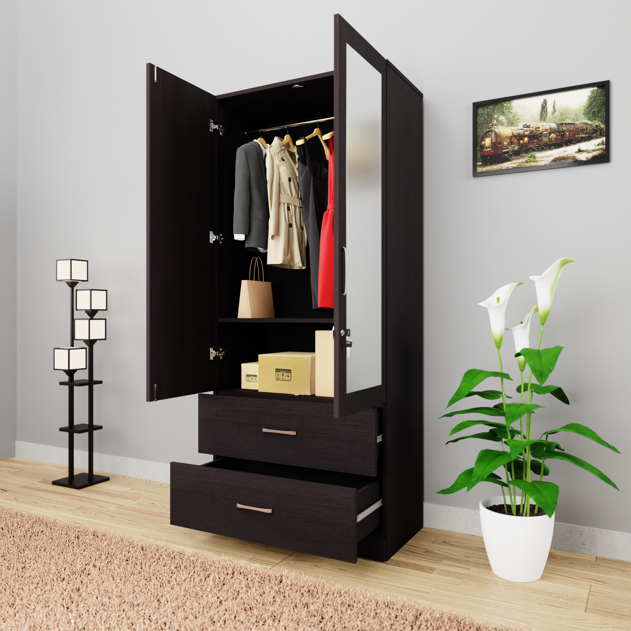 AVIRA | Wardrobe With Mirror, Hinged | 2 Door, 2 Drawer Wardrobes VIKI FURNITURE   