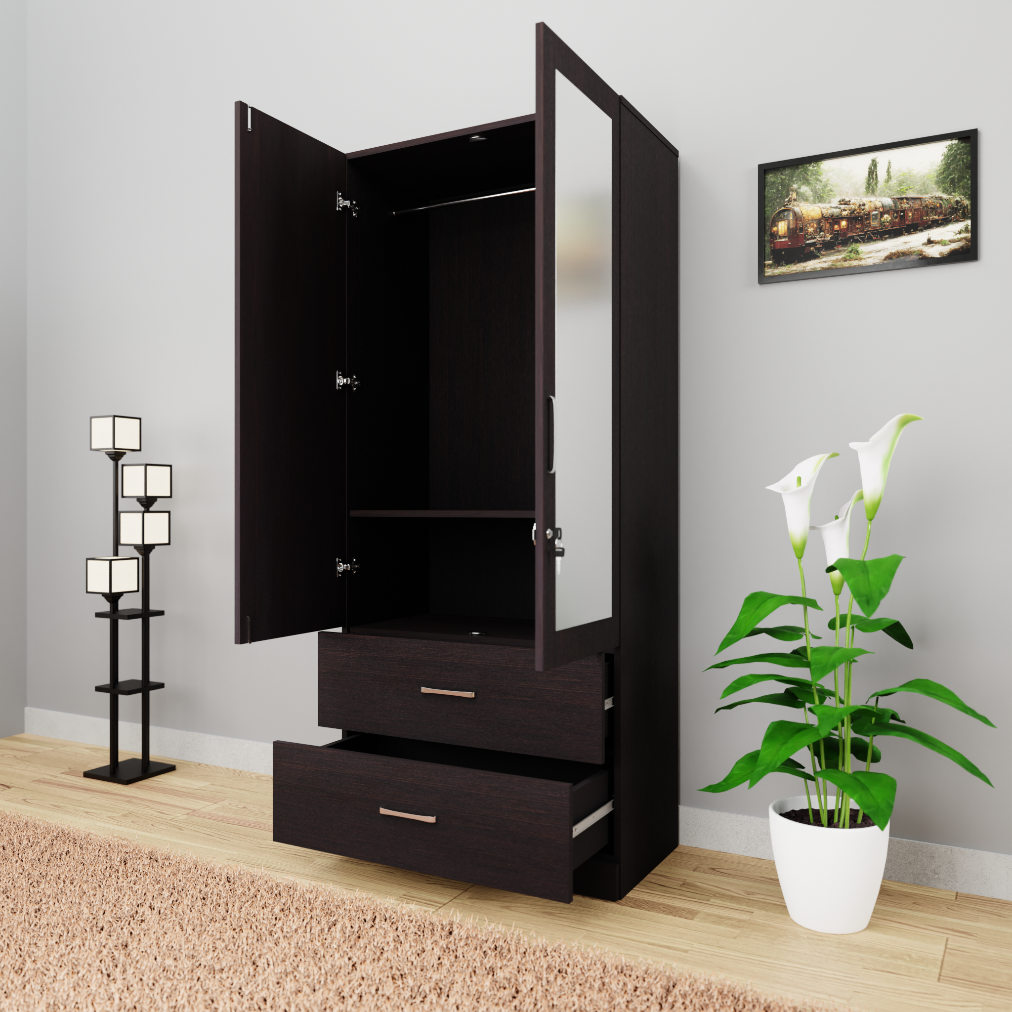 AVIRA | Wardrobe With Mirror, Hinged | 2 Door, 2 Drawer Wardrobes VIKI FURNITURE   