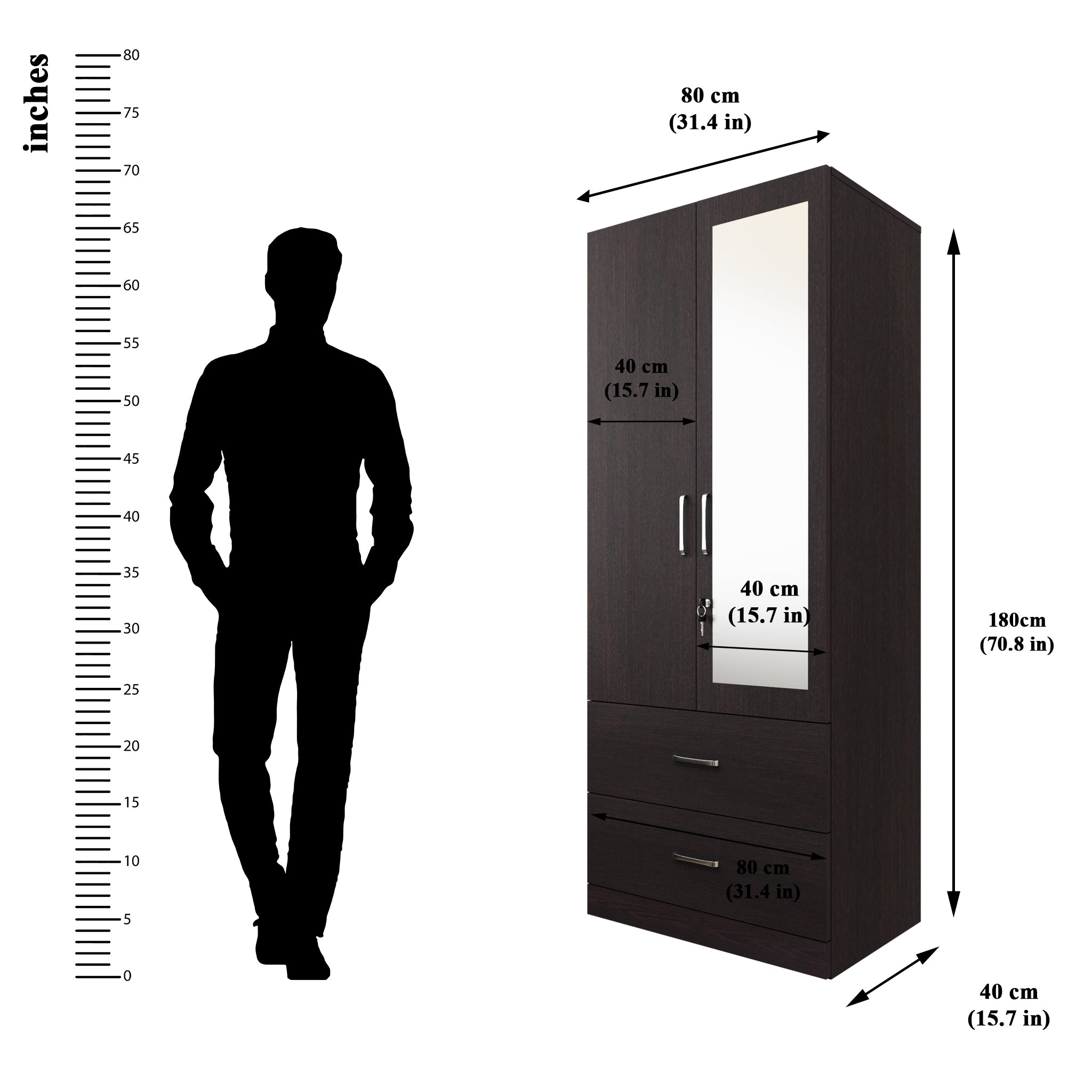 AVIRA | Wardrobe With Mirror, Hinged | 2 Door, 2 Drawer Wardrobes VIKI FURNITURE   