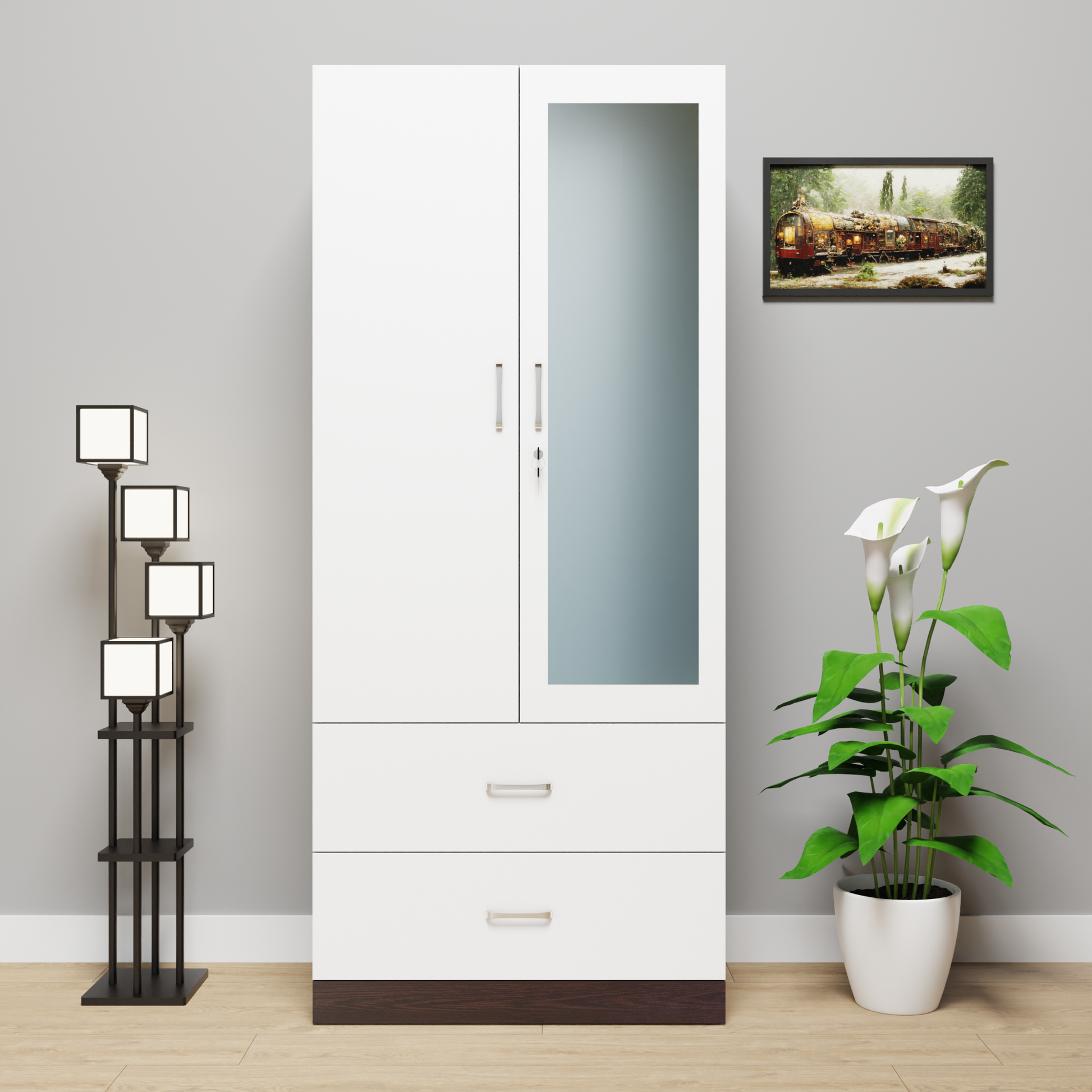 AVIRA | Wardrobe With Mirror, Hinged | 2 Door, 2 Drawer & Dual Color Wardrobes VIKI FURNITURE Dark Wenge & Frosty White  