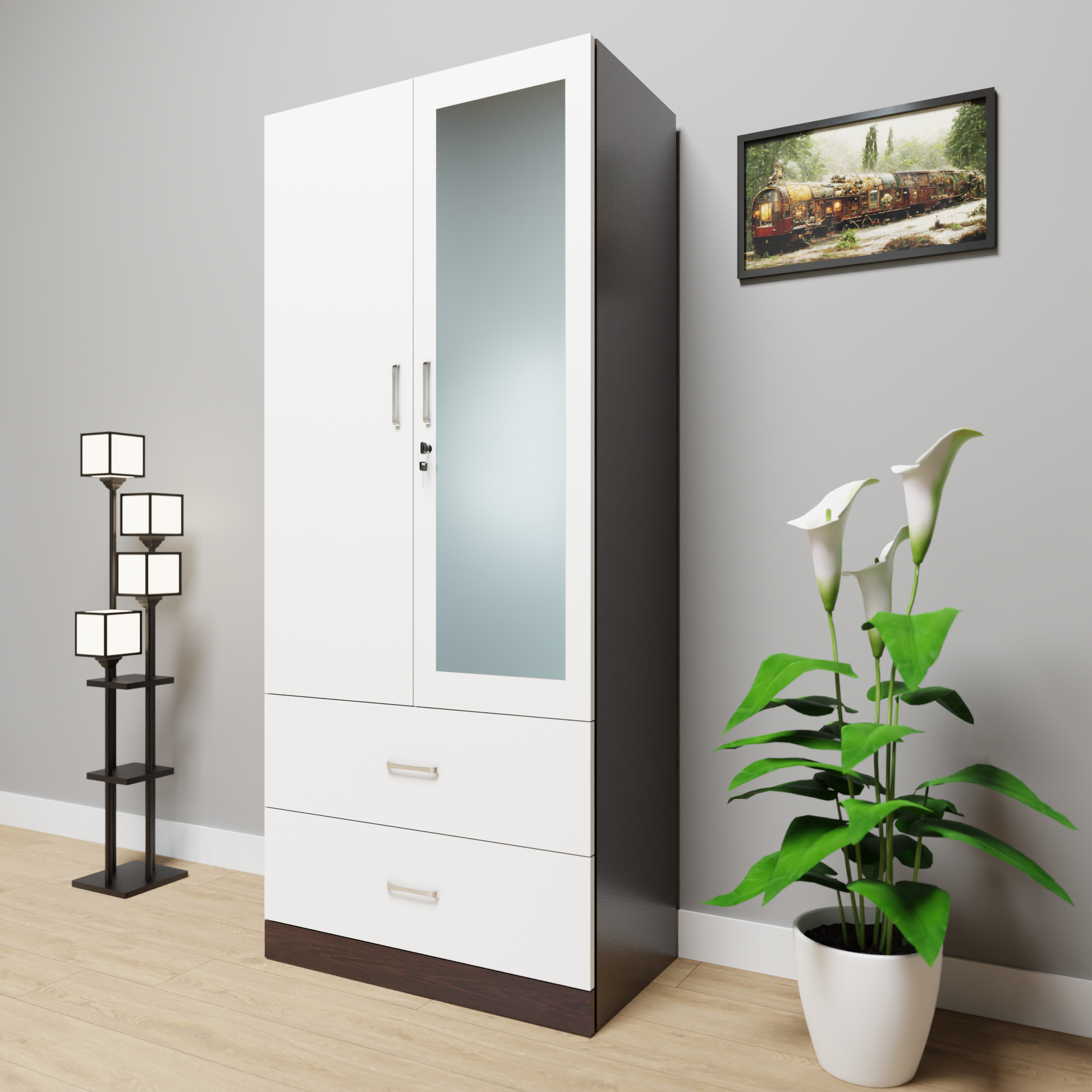 AVIRA | Wardrobe With Mirror, Hinged | 2 Door, 2 Drawer & Dual Color Wardrobes VIKI FURNITURE   