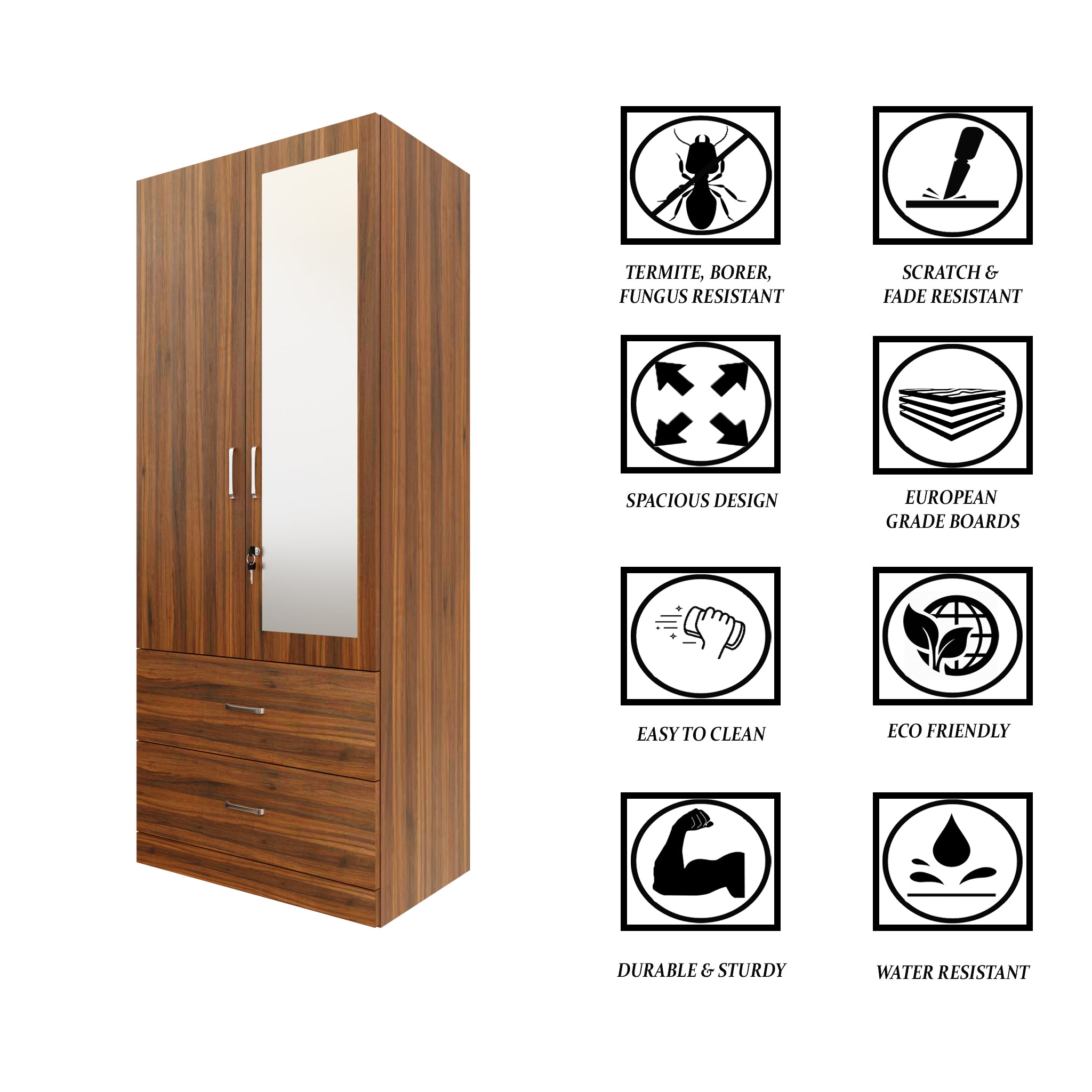 AVIRA | Wardrobe With Mirror, Hinged | 2 Door, 2 Drawer Wardrobes VIKI FURNITURE   